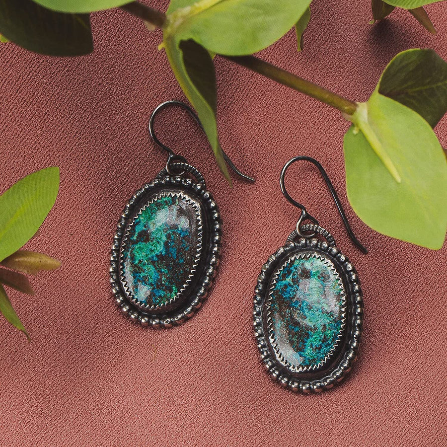 Azurite Gemstone Earrings | Large Oval Oxidized Black Sterling Silver Dangle Drop Earrings