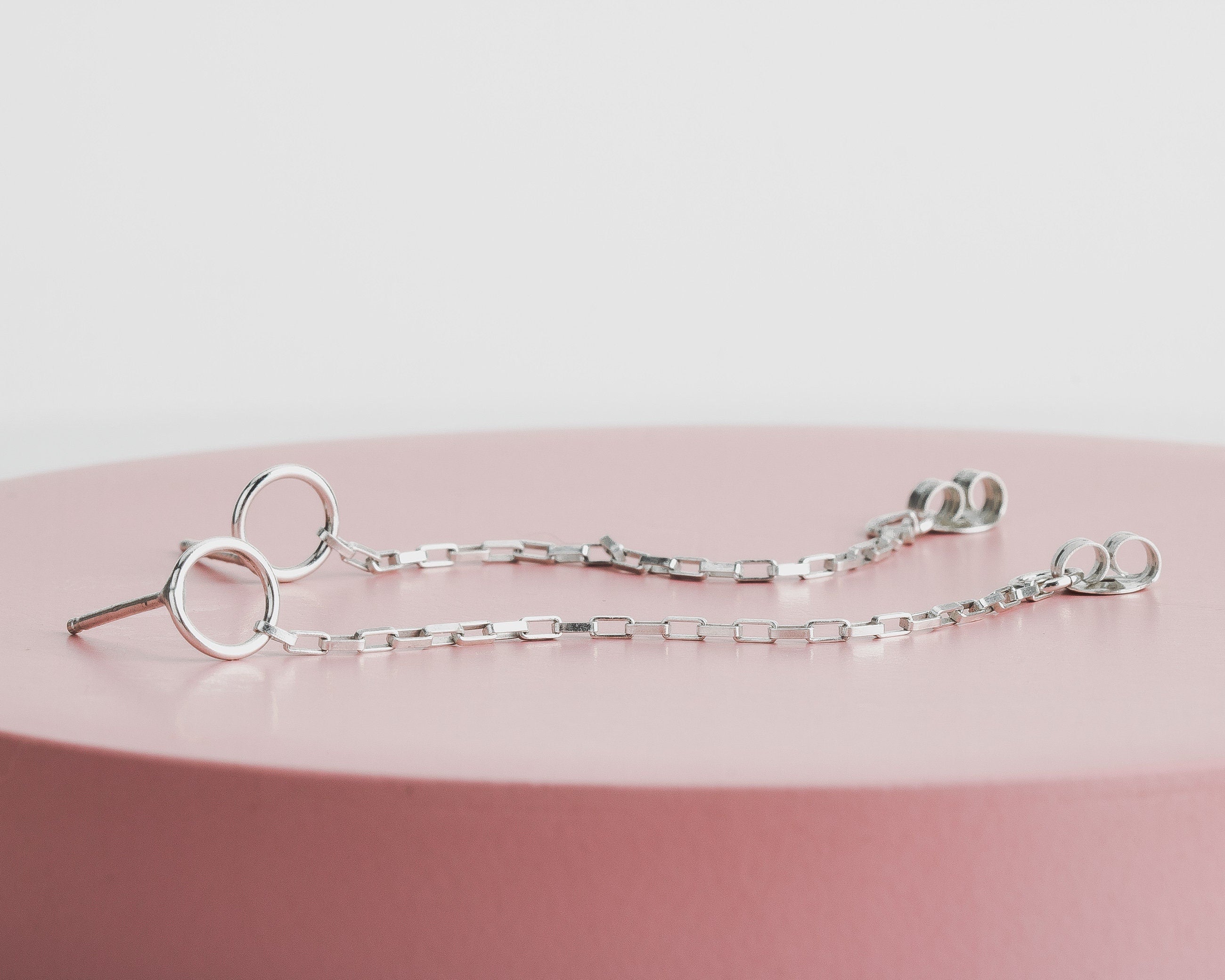 Chain Loop Earrings | Sterling Silver Circle Chain Cuff Post Stud Earrings | Minimalist Edgy Suspension Huggie Hoop Earrings
