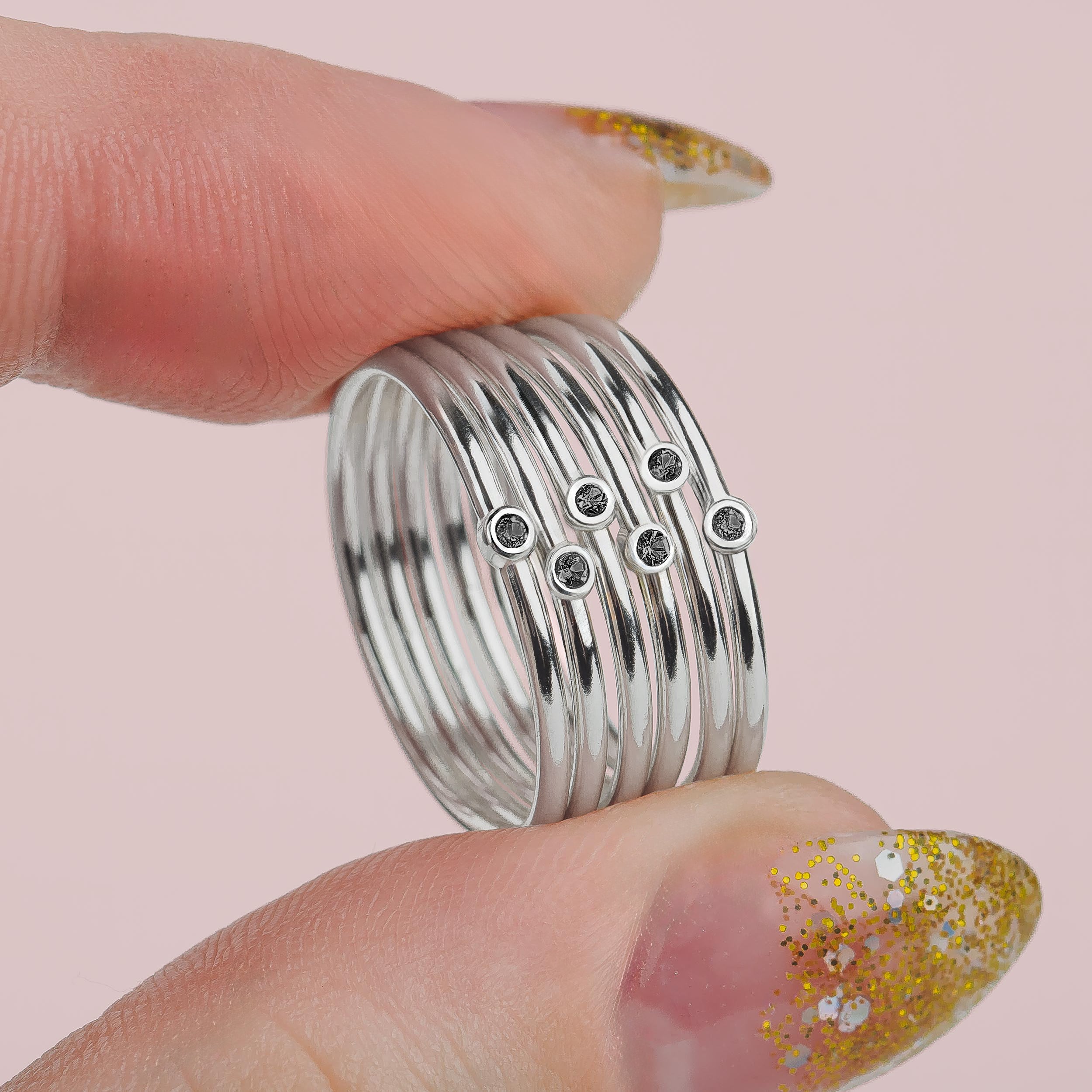 Black Diamond Stacking Rings | Sterling Silver Natural Black Diamond Stackable Stack Thin Ring Bands Minimal Engagement Wedding