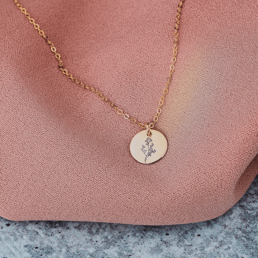 Baby's Breath Flowers Disc Necklace | Engraved Round Bohemian Necklace in Silver, Gold, or Rose Gold | Gift for Mom, Mothers, Friend, Plant Lover | Boho Jewelry