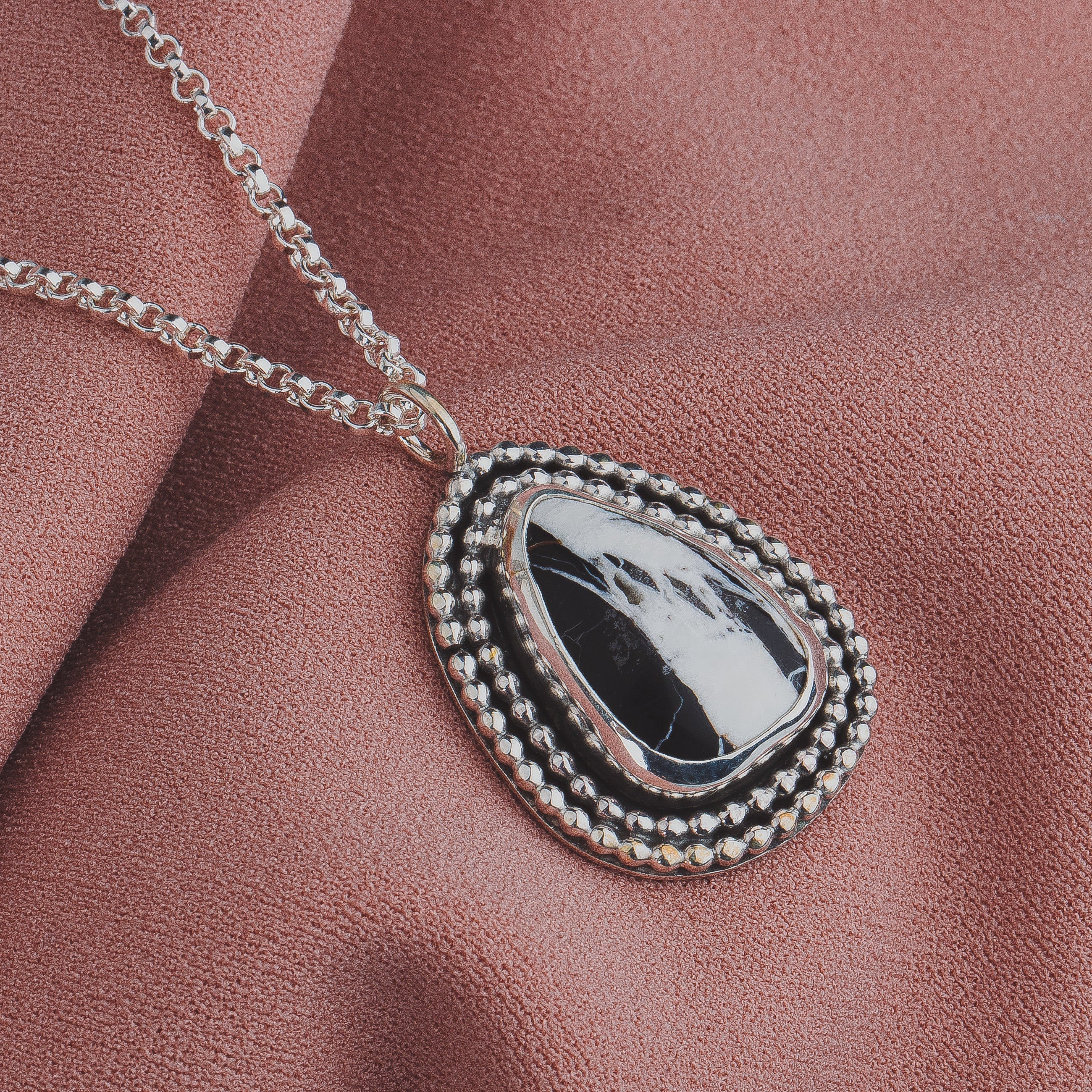 White Buffalo Turquoise Necklace In Sterling Silver | Huge Big Black And White Teardrop Boho Bohemian Pendant With Double Beaded Border