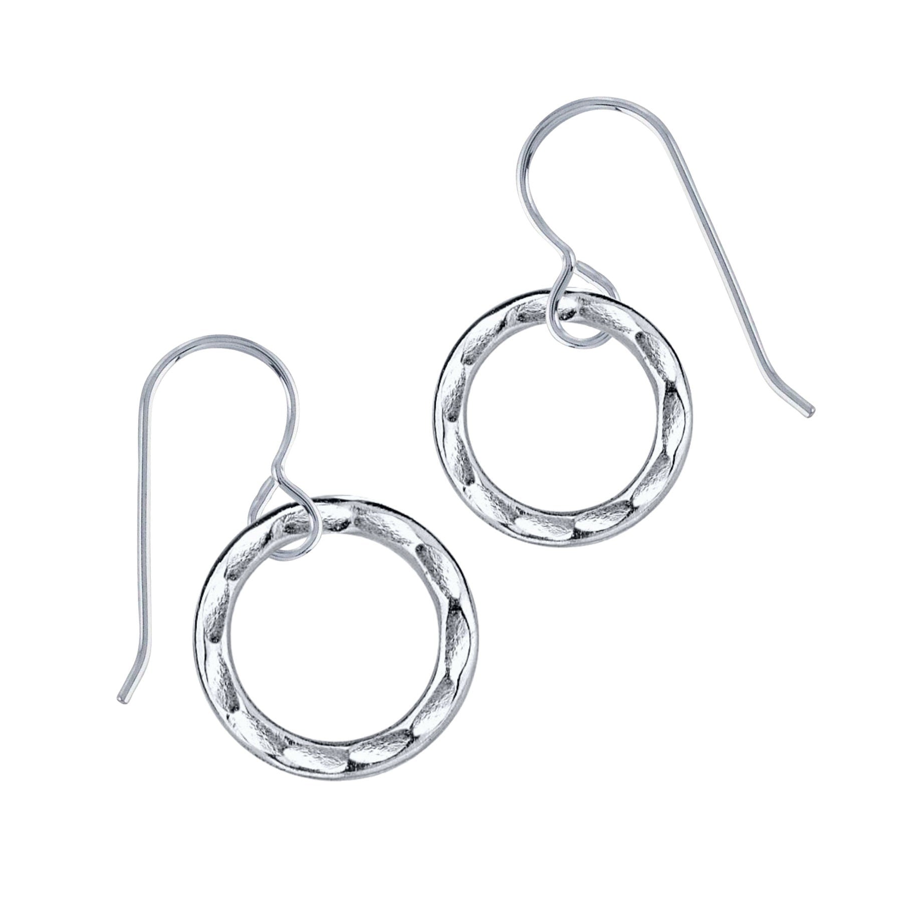 Small Sterling Silver Hammered Open Circle Dangle Drop Earrings | Minimalist Jewelry for Women & Girls | Tiny Geometric Round Halo Earrings