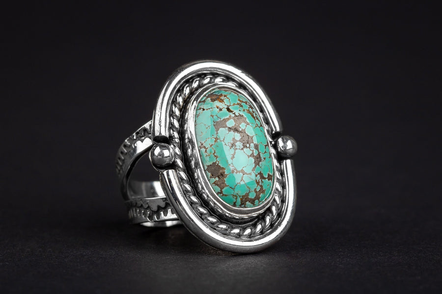 Size 7.5 Carico Lake Turquoise Gemstone Ring In Sterling Silver | Aqua Seafoam Blue Boho Bohemian Southwestern Indian Navajo Statement Ring