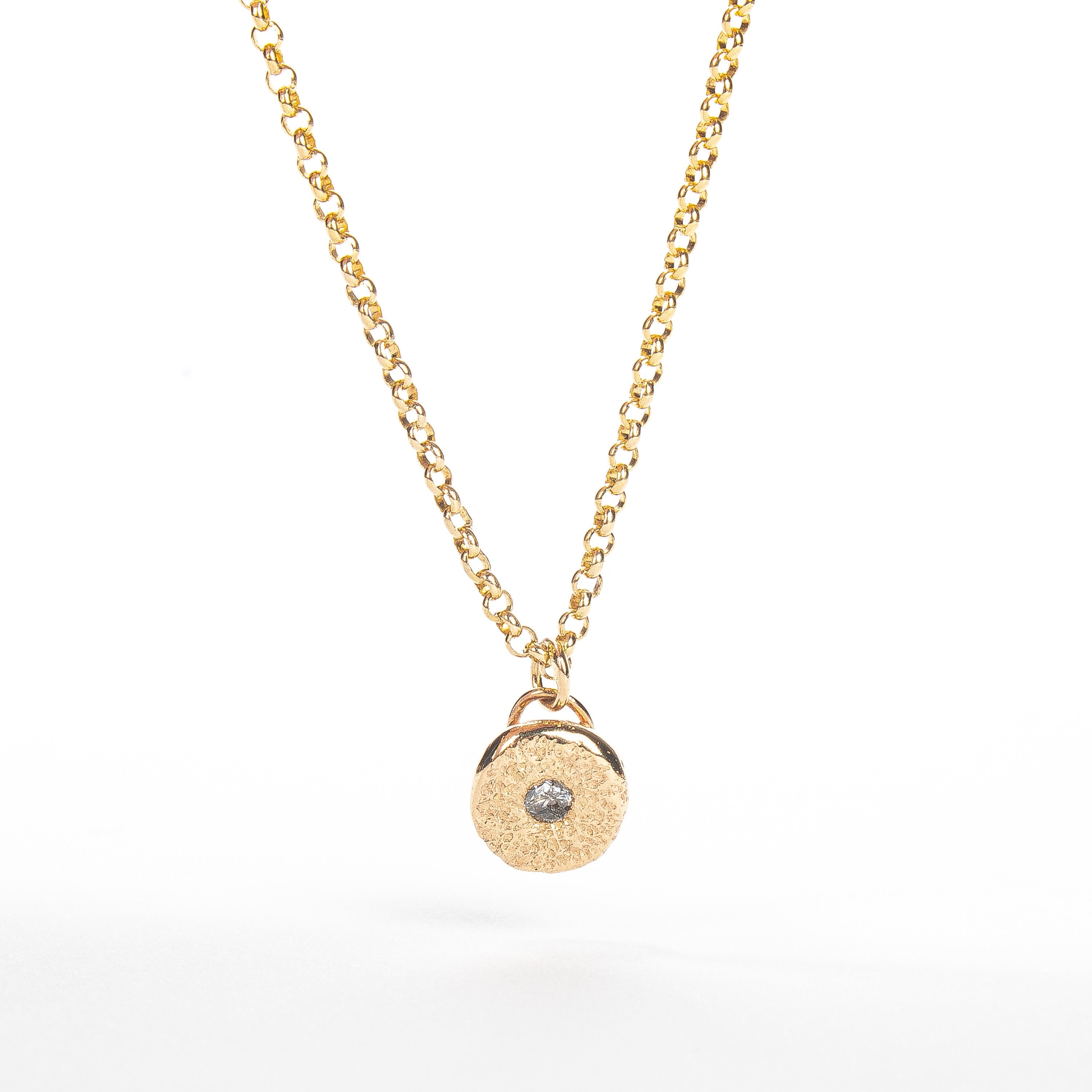Solid 14K Gold Silvermist Diamond Necklace | Tiny small little round circle 14K yellow gold textured diamond necklace | Gift for her