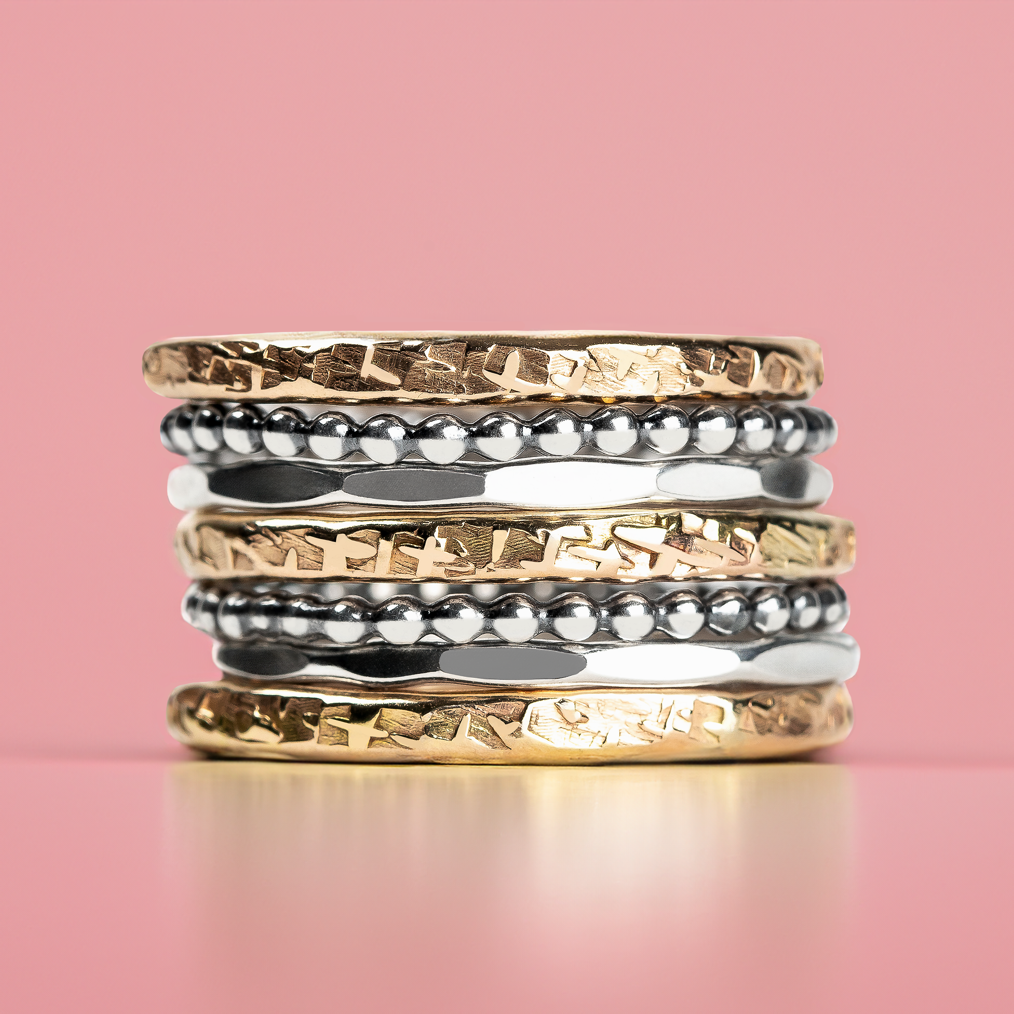 The Demi Stack | Set of 7 Mixed Metal Stackable Rings in Gold and Silver | Bold Statement Ring Bands | USA Sizes 4-12