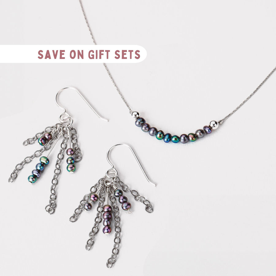 Jovie Necklace & Earrings Gift Set | Sterling Silver Natural Freshwater Black Pearls | Dainty Minimalist Colorful Jewelry Set Christmas Gift