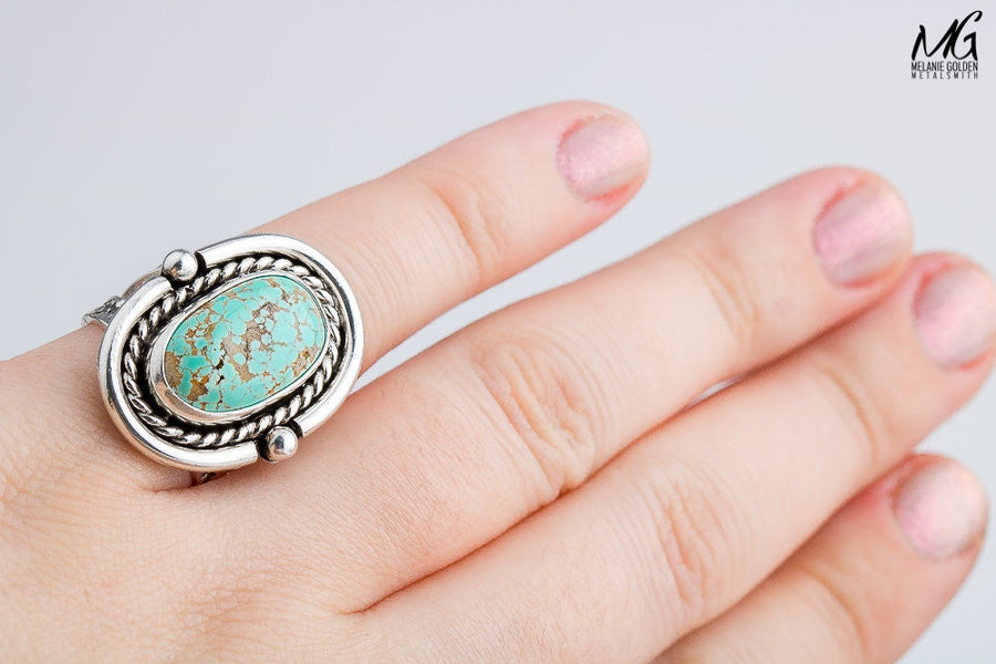Size 7.5 Carico Lake Turquoise Gemstone Ring In Sterling Silver | Aqua Seafoam Blue Boho Bohemian Southwestern Indian Navajo Statement Ring