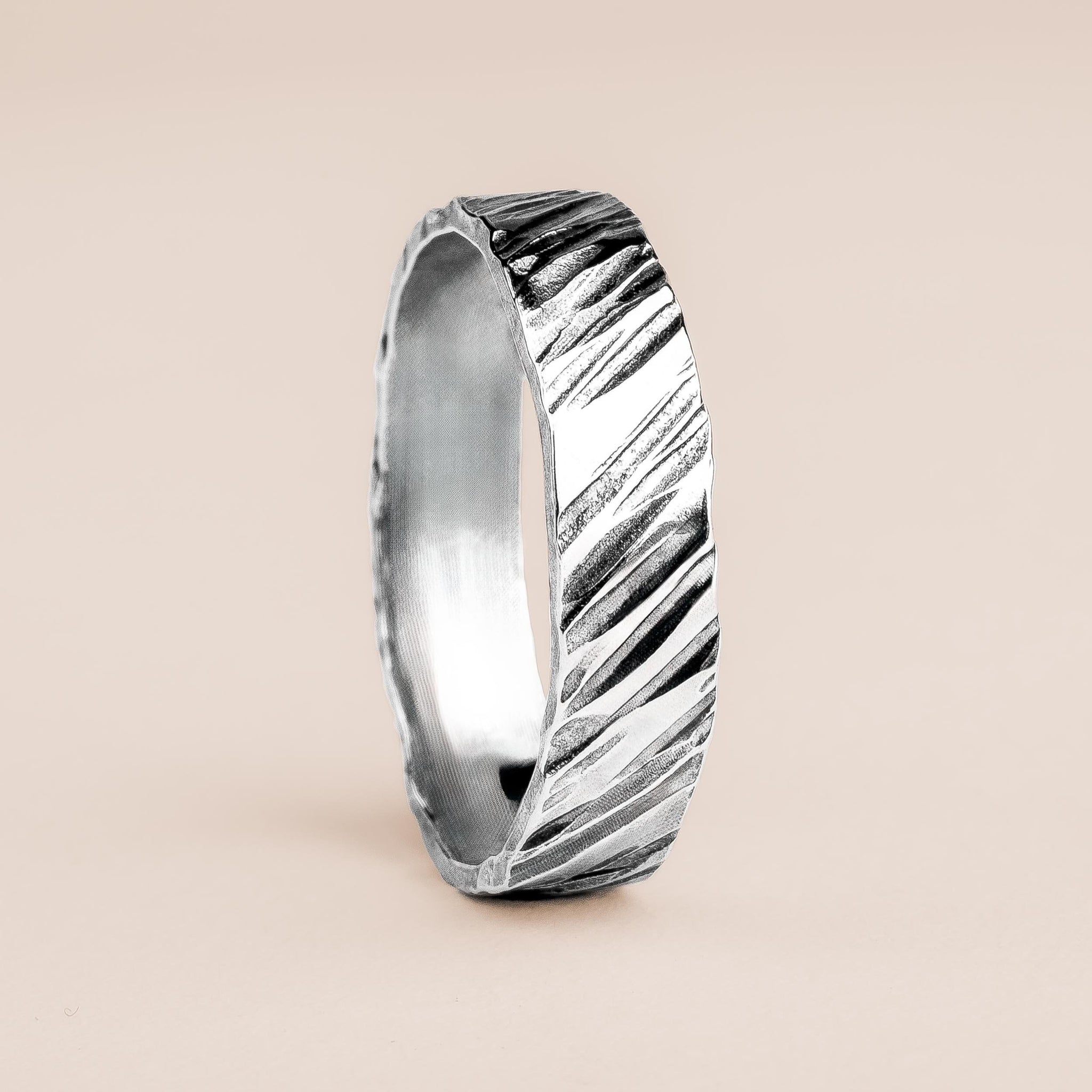 Dune Ring | Mens Diagonal Lined Rough & Rugged Hammered Wide Band | Oxidized Black Sterling Silver | Wedding Engagement Ring Gift for Men