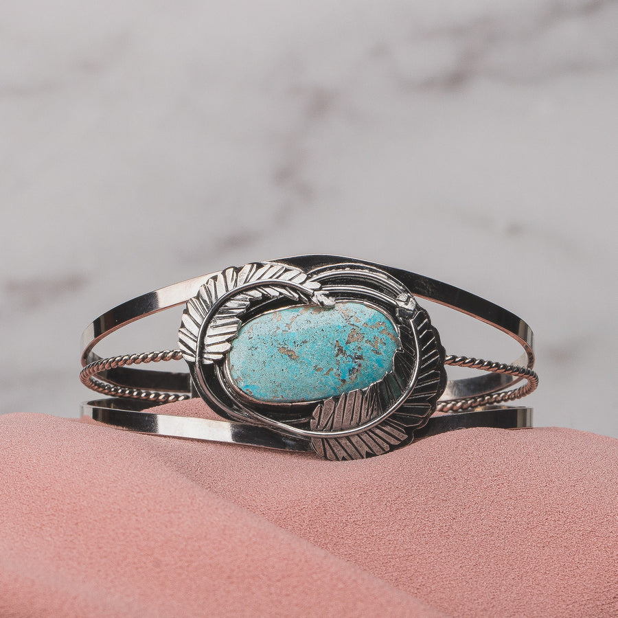 Blue Ridge Lightning Turquoise Cuff Bracelet With Feathers | Huge One Of A Kind Sterling Silver Aqua Blue Bohemian Boho Indian Navajo Cuff