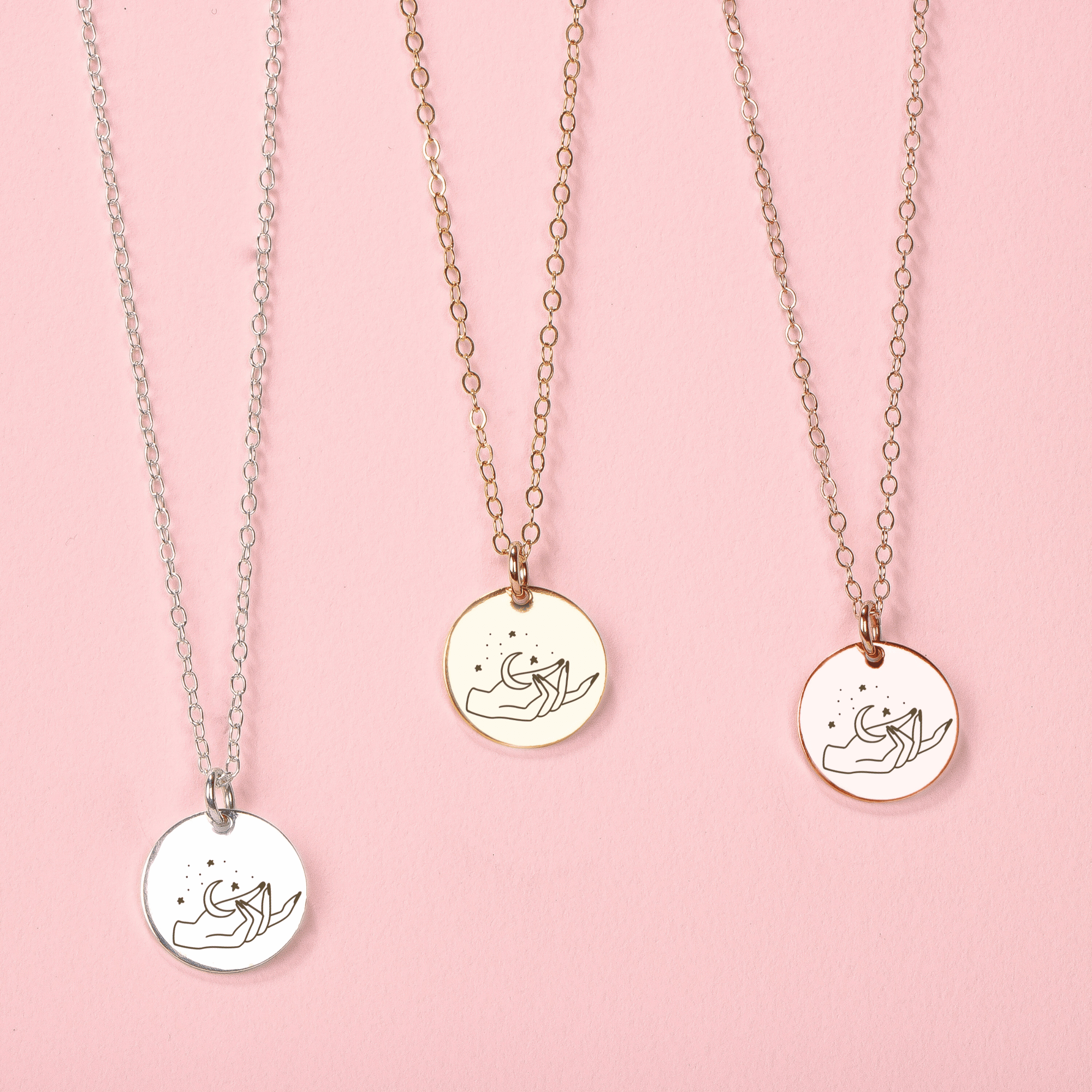 She Holds The Moon Disc Necklace - Melanie Golden Jewelry - disc necklaces, Engraved Jewelry, minimal minimal necklace, minimal necklace, mystic, necklace, necklaces