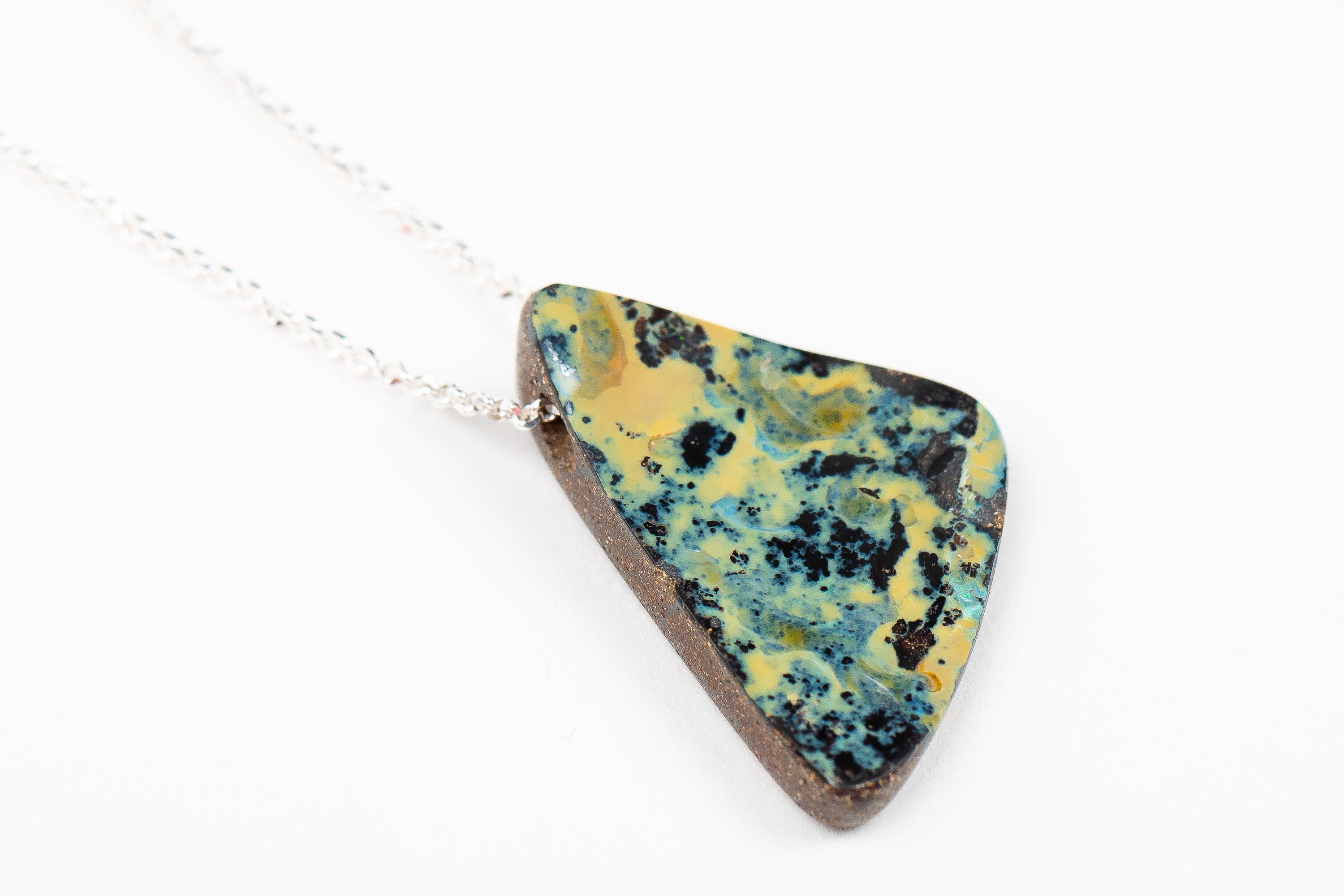 Green And Yellow Boulder Opal Necklace In Sterling Silver On Long Chain | Natural Multicolored Extra Long Gemstone Boho Pendant Necklace