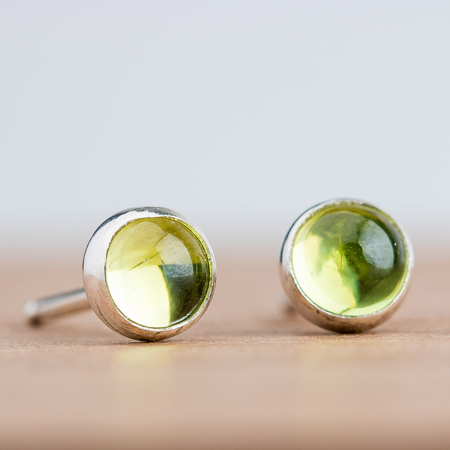 Lime Green Peridot Gemstone Stud Earrings | Tiny Sterling Silver Round Circle Light Green Stone Post Earrings for Women & Men | August Birthstone