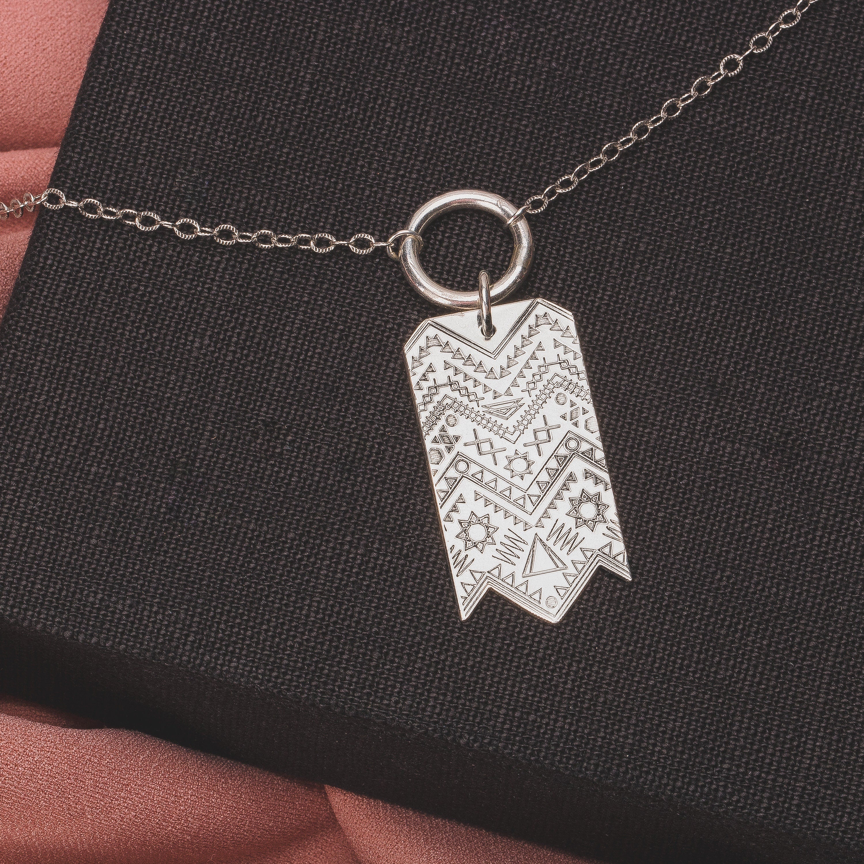 Signature MGJ Aztec Pattern Streamer Necklace In Sterling Silver | Long Southwestern Bohemian Boho Tribal Pendant | Sweater Necklace