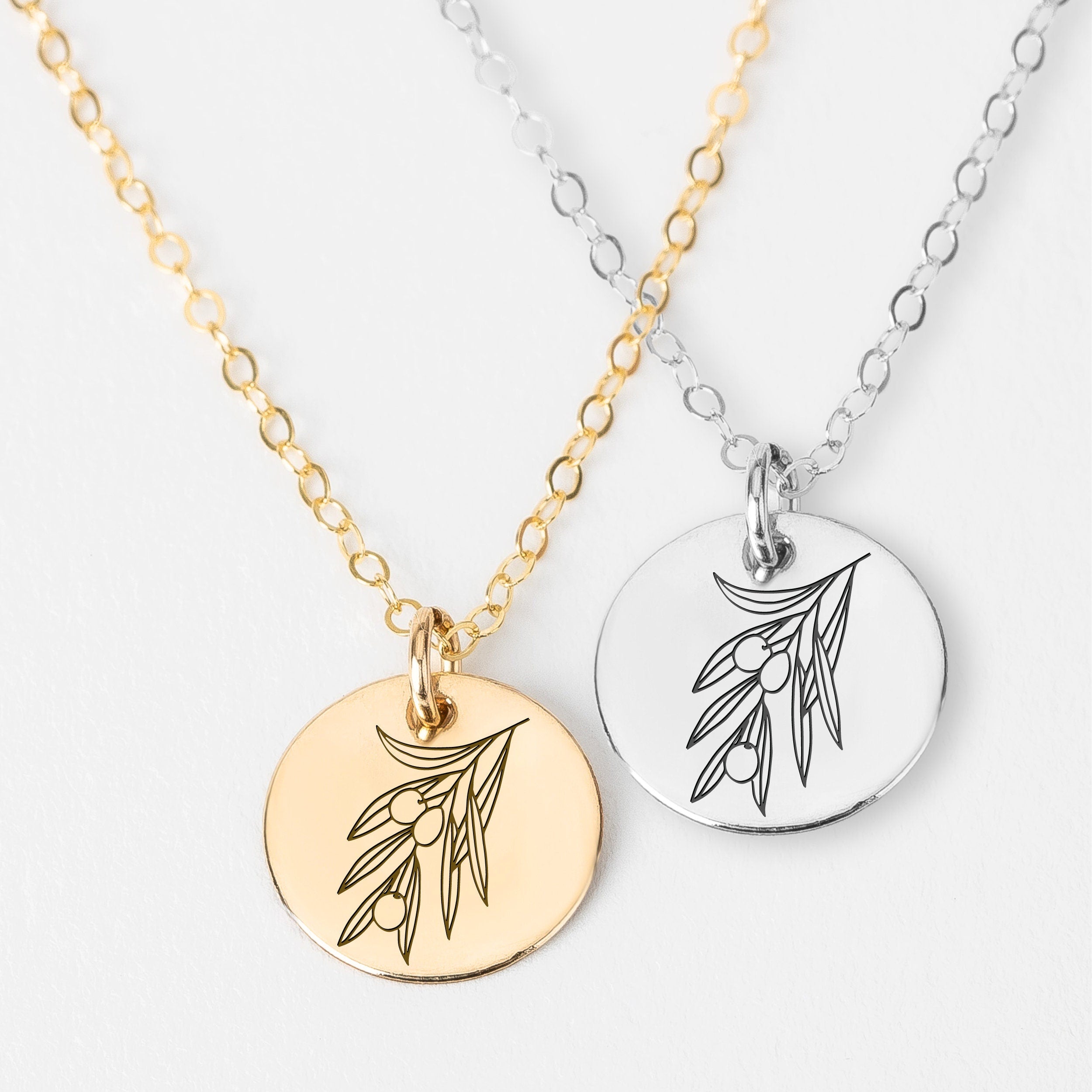 Olive Branch Disc Necklace | Engraved Circle Necklace in Silver, Gold or Rose Gold | Floral Olive Tree Twig Branch Peace Friendship Pendant