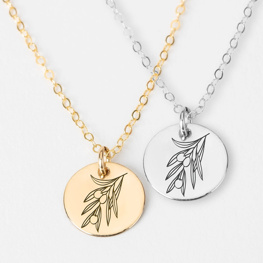 Olive Branch Disc Necklace | Engraved Circle Necklace in Silver, Gold or Rose Gold | Floral Olive Tree Twig Branch Peace Friendship Pendant