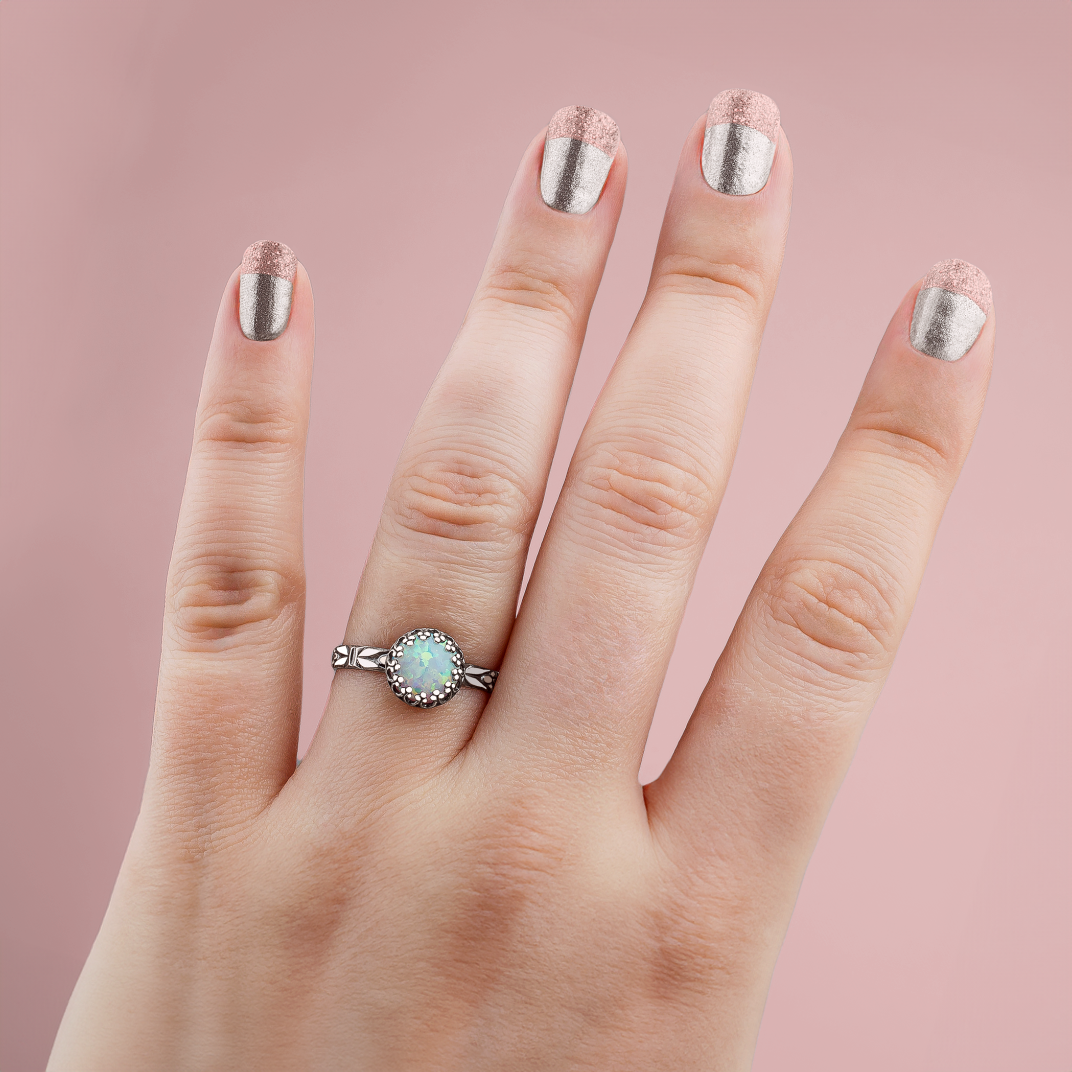 Opal Ring | Floral Flashy Colorful Multicolored Opal Solitaire Ring in Sterling Silver | October Birthstone Ring for Women and Girls | USA Sizes 4-12