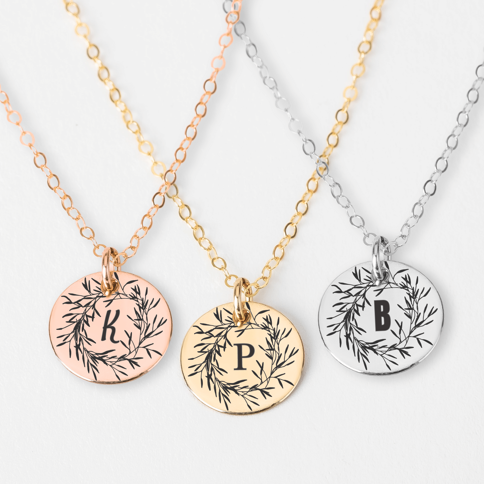 Olive Wreath Initial Necklace | Custom Personalized Engraved Round Circle Monogram Disc Necklace | Silver, Gold or Rose Gold | Custom Gift