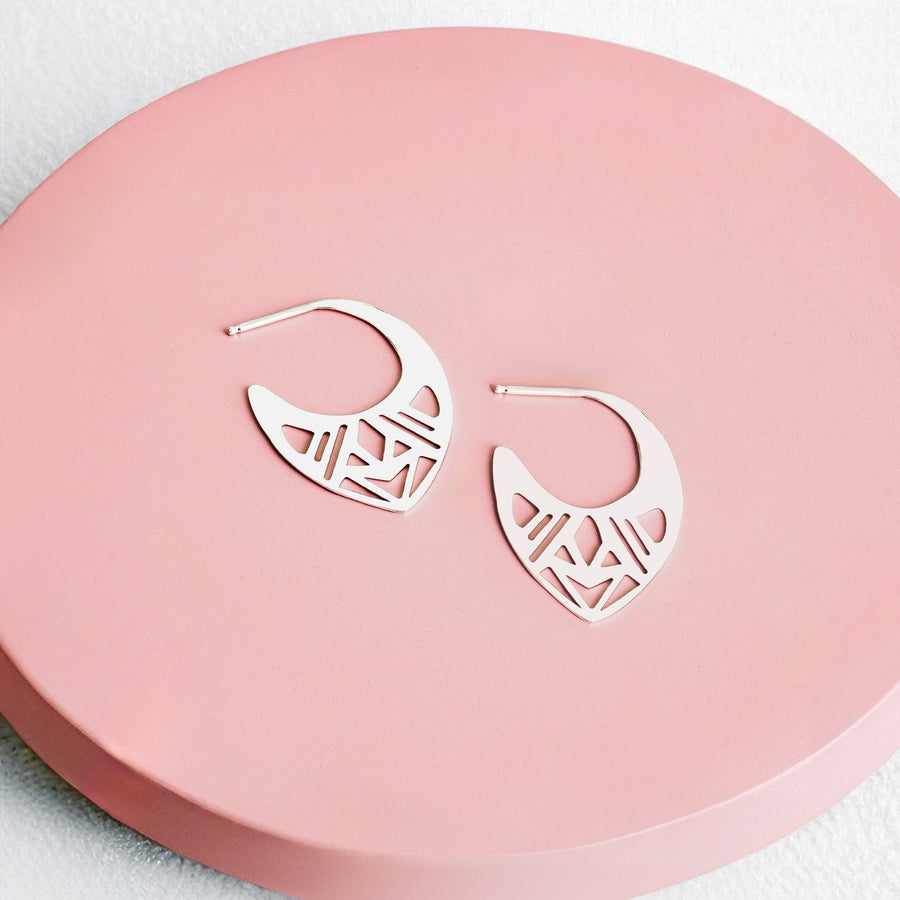 Ophelia Hoop Earrings | Sterling Silver Large Big Geometric Cut Out Greek Goddess Earrings | Bohemian Ethnic Tribal | Perfect Gift for Her