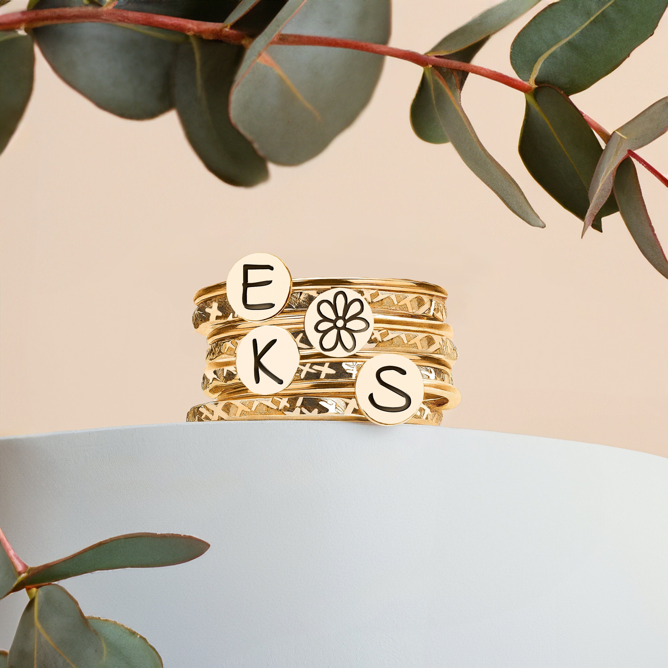 Stackable Initial Rings | Personalized Letter Monogram Stacking Family Rings | 4 Initials, 8 Ring Set | Gold, Silver Or Rose Gold