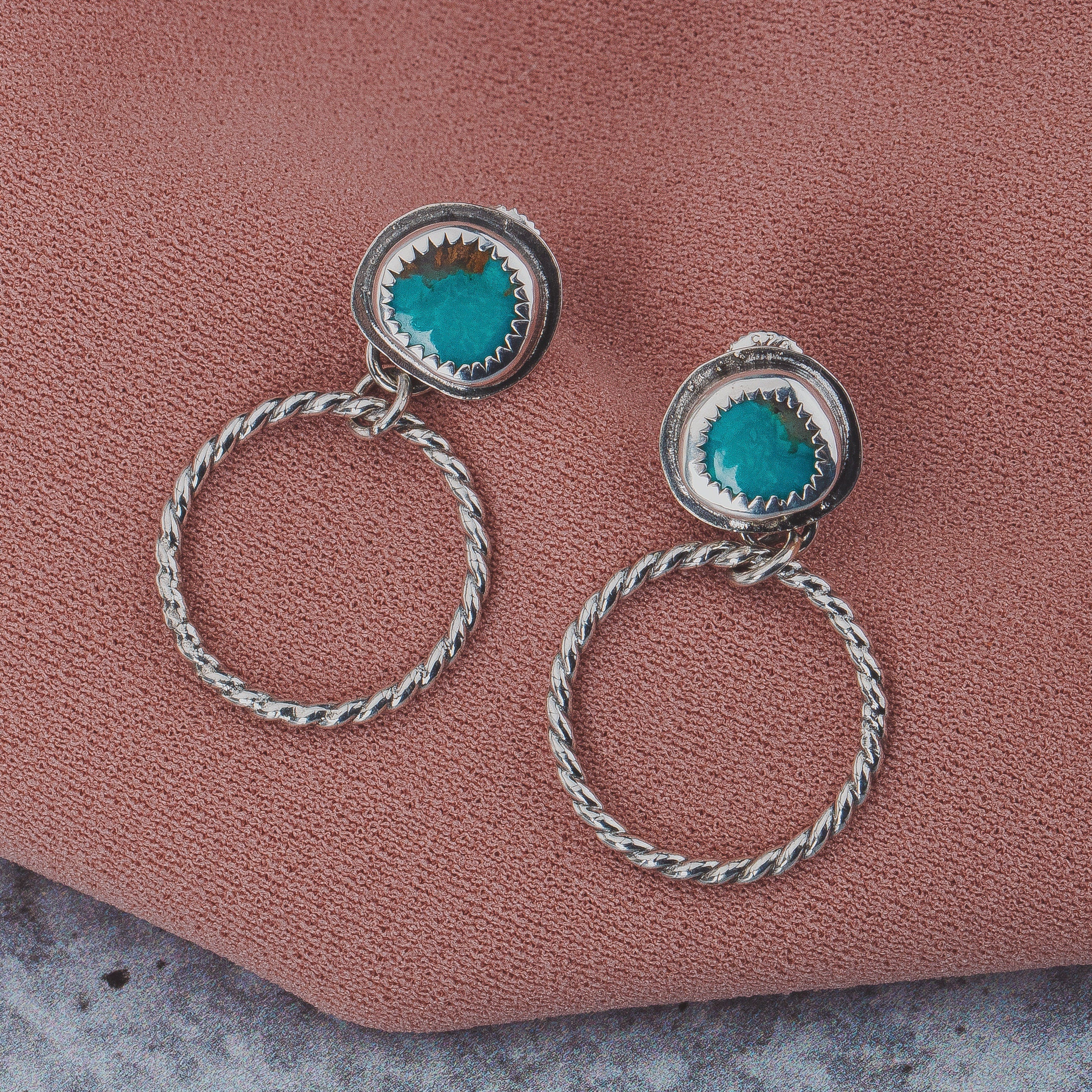Lilah Earrings | Blue Kingman Turquoise Earrings With Twisted Rope Hoops & Threaded Screw On Posts | Big 925 Sterling Silver Boho Stud Post