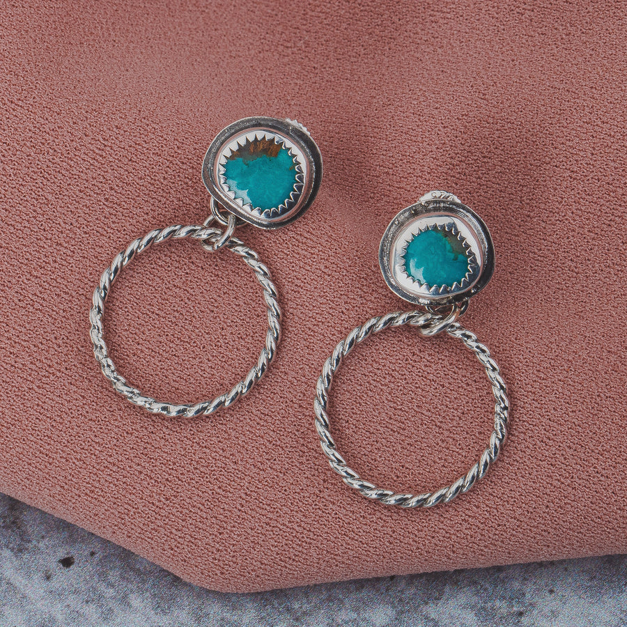Lilah Earrings | Blue Kingman Turquoise Earrings With Twisted Rope Hoops & Threaded Screw On Posts | Big 925 Sterling Silver Boho Stud Post
