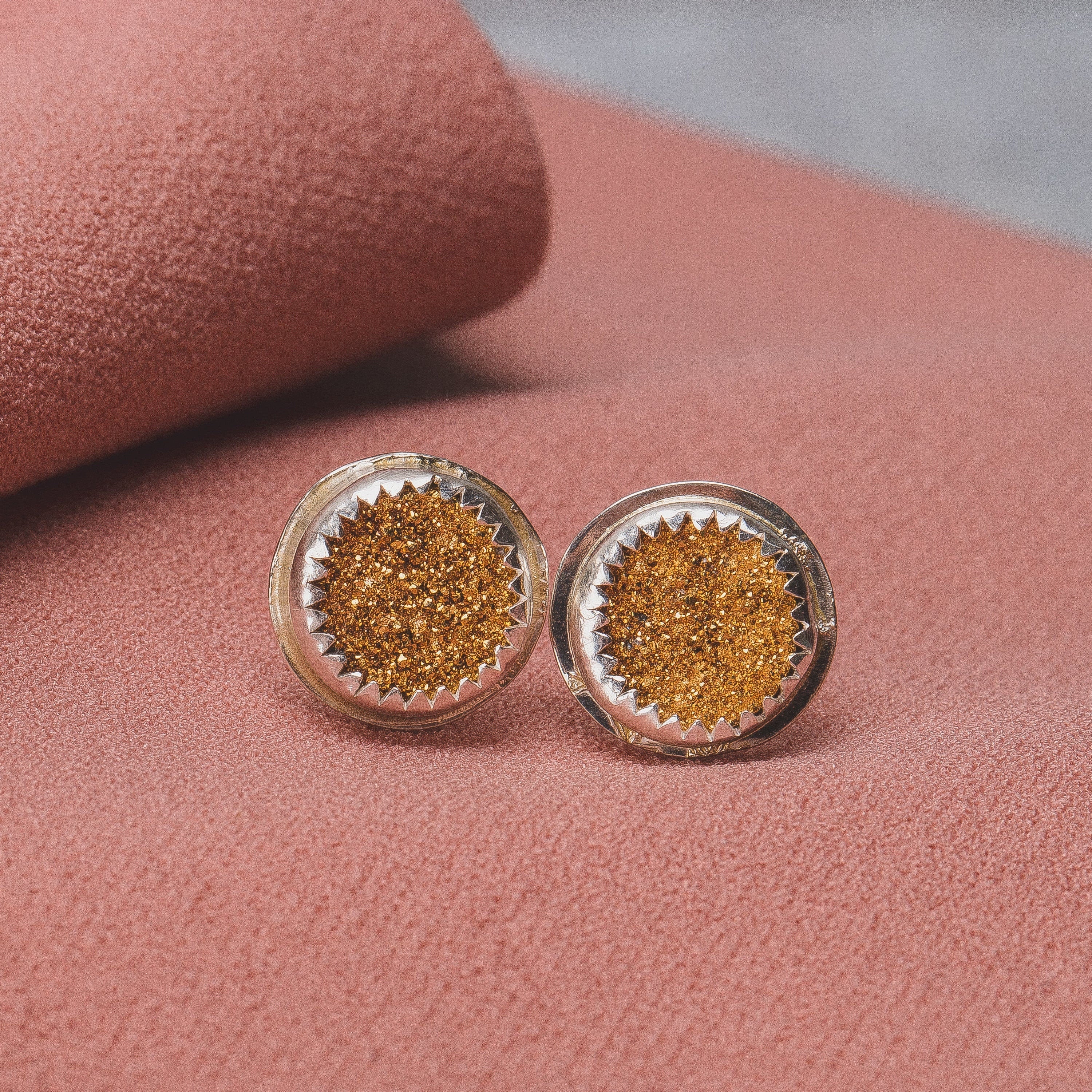 No. 1 Gold Druzy Quartz Earrings With Threaded Screw On Posts | The River Valley Collection | Small Sterling Silver Crystal Stud Posts
