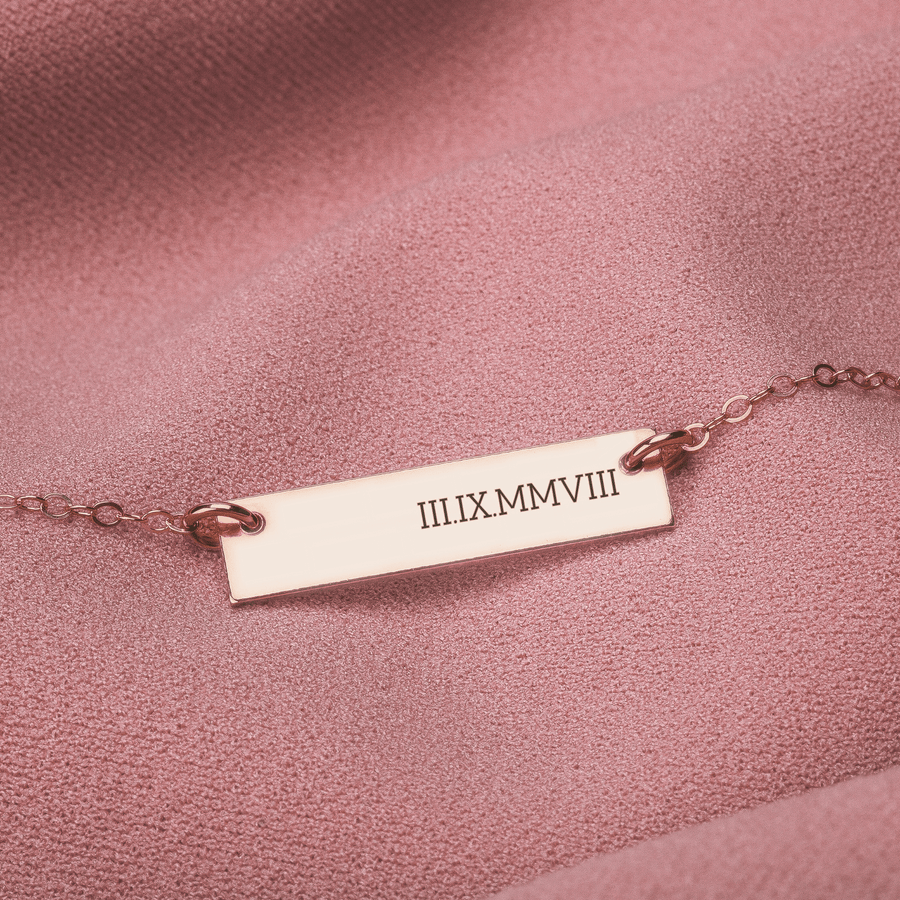Personalized Roman Numerals Bar Necklace | Custom Engraved Skinny Number Date Bar Necklace in Silver, Gold, or Rose Gold | Gift for Her