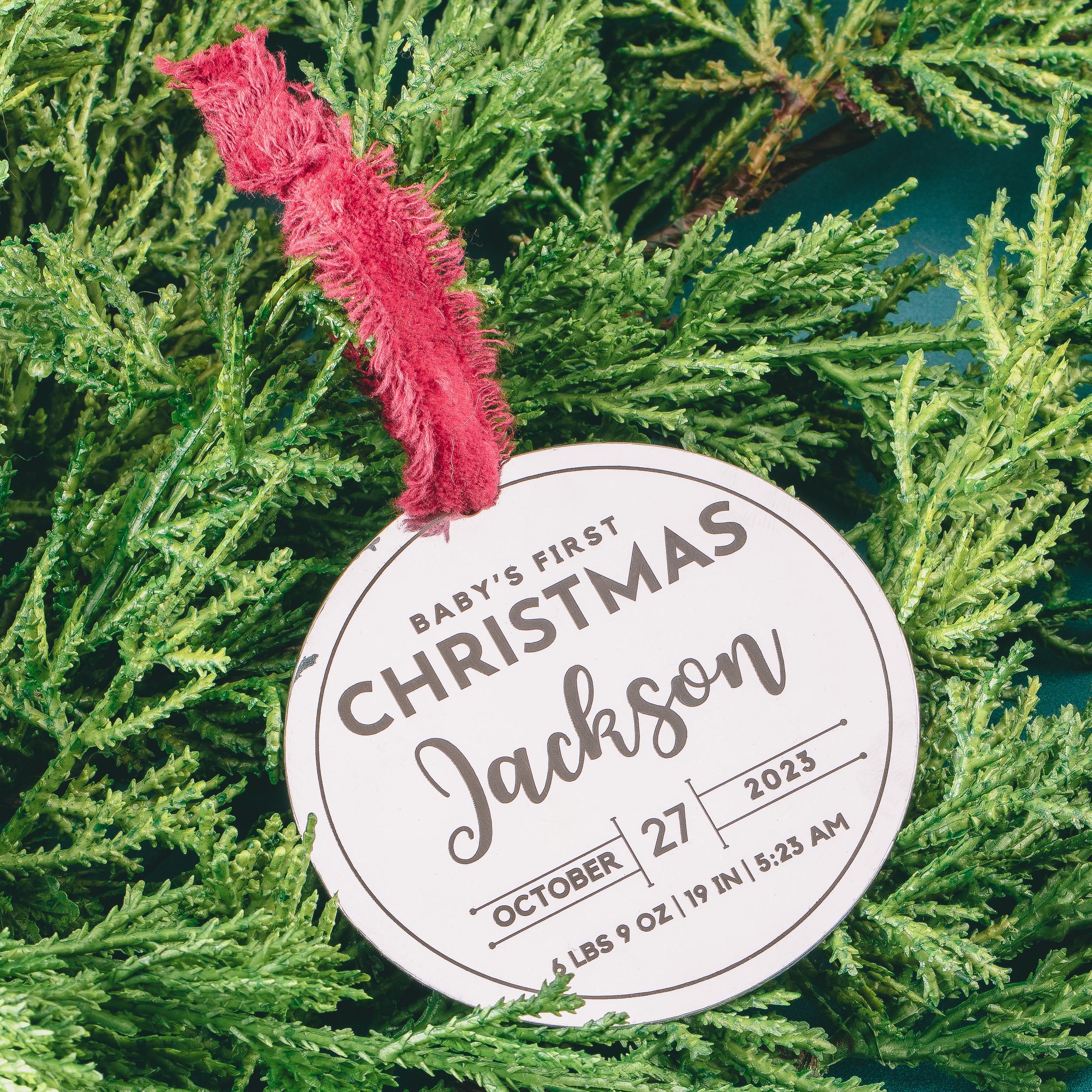 Personalized Ornament Baby's First Christmas | Custom Name & Birth Stats Holiday Decoration | Modern Brushed Stainless Steel Holiday Bauble