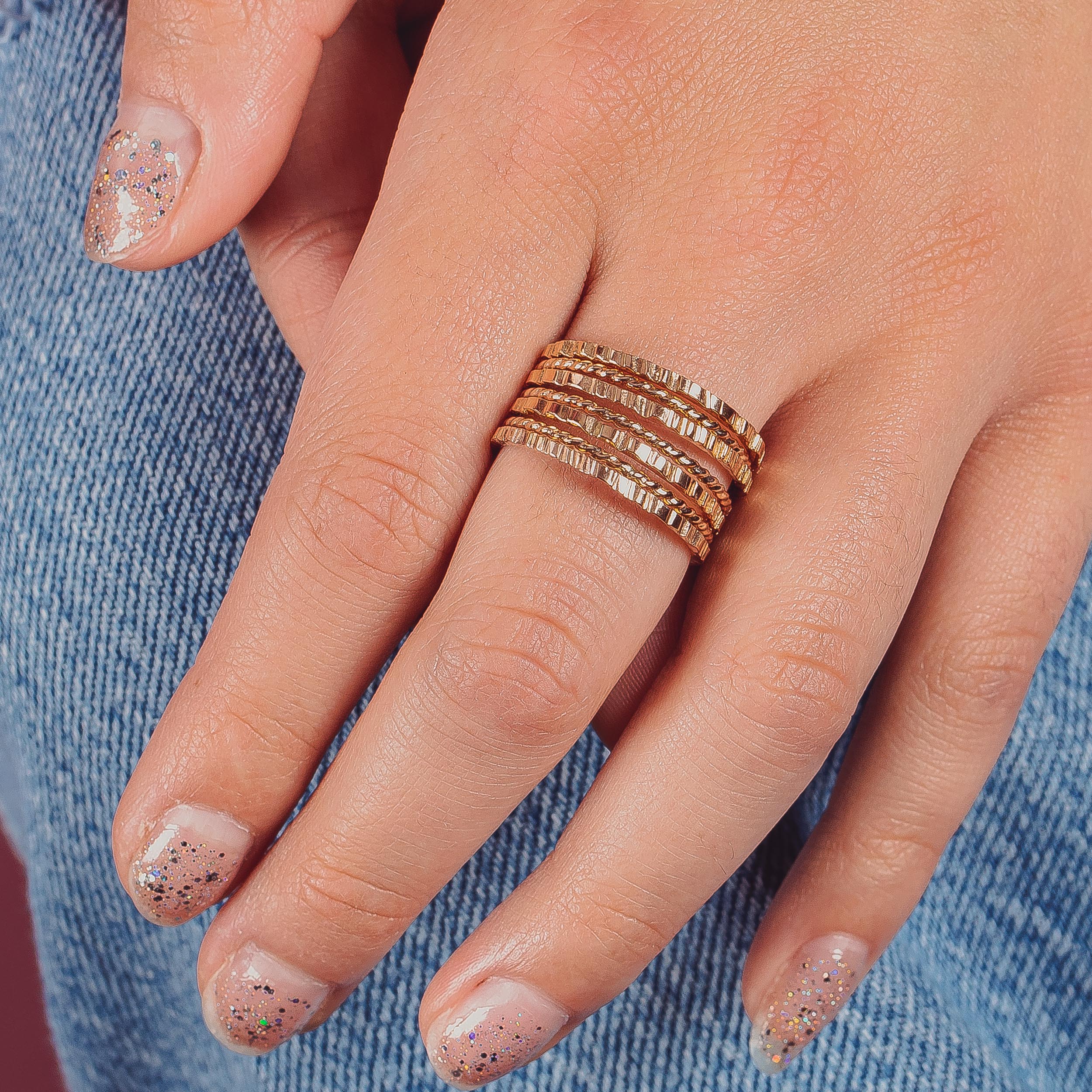 The Margo Stack | Set of 7 Rugged and Twist Stacking Rings | Gold, Rose Or Silver Mixed Hammered Stacking Stackable Stack Rings