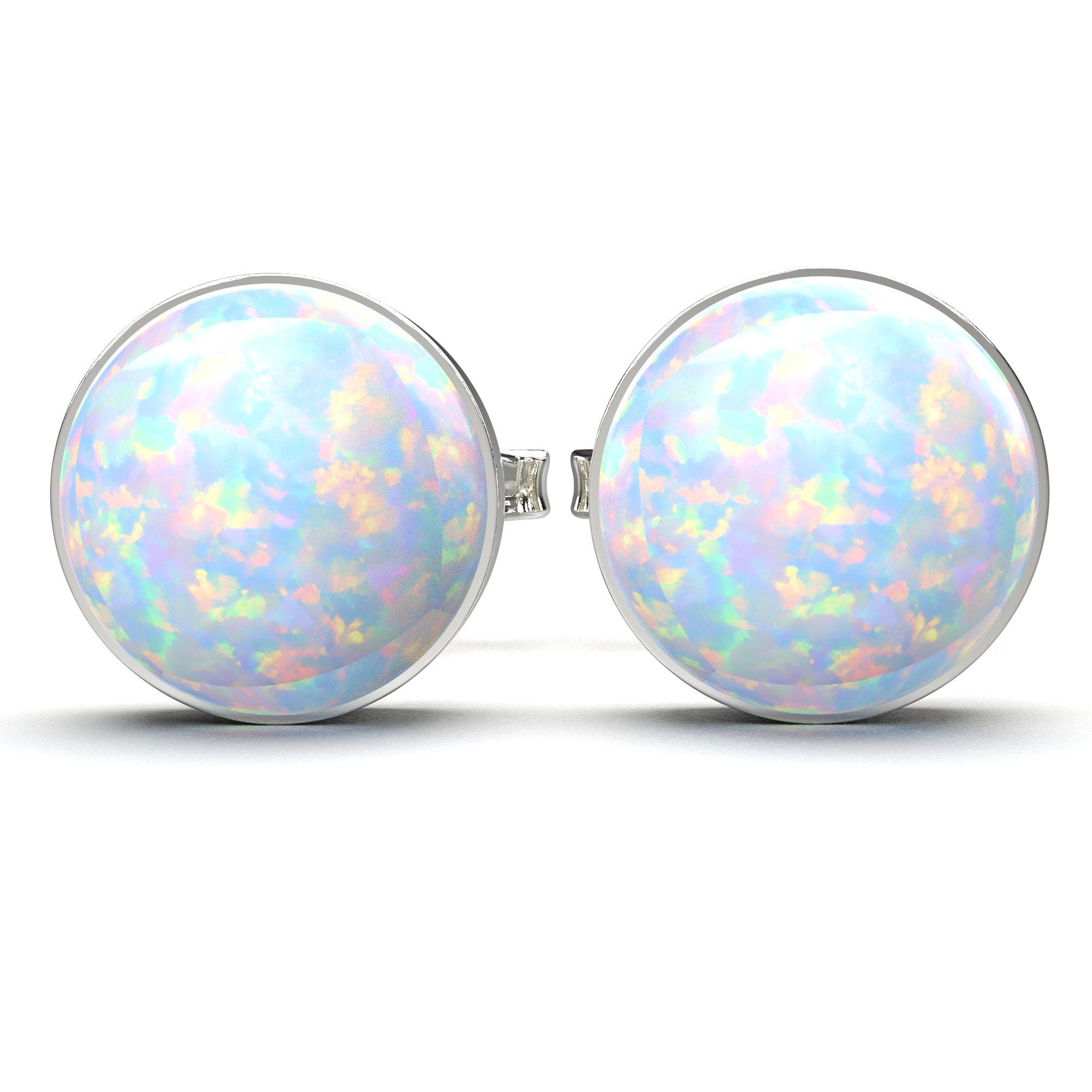 Opal Gemstone Stud Earrings | Sterling Silver Round Circle Multicolored Colorful Flashy Stone Post Earrings | Multiple Sizes | October Birthstone