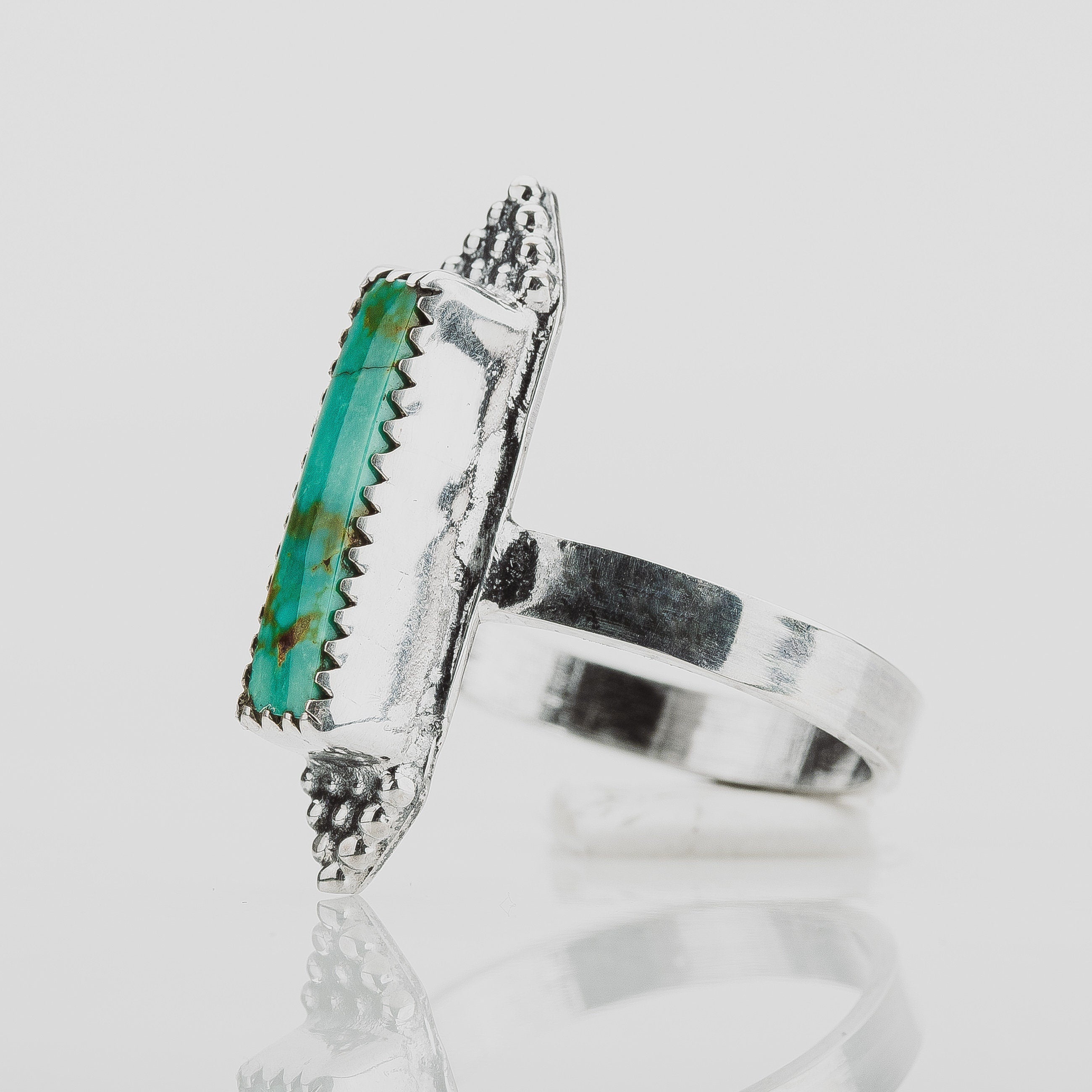 Size 6.75 Long Rectangle Aqua Blue Royston Turquoise Gemstone Ring In Sterling Silver | Beaded Boho Bohemian Teal Blue Statement Ring