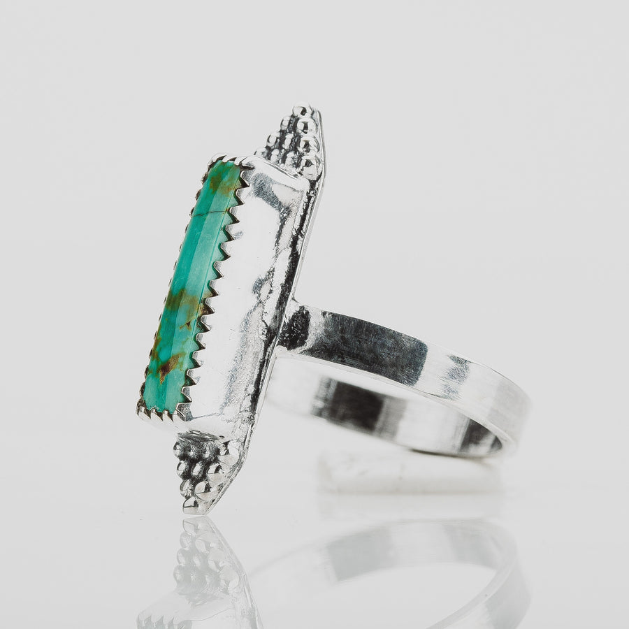 Size 6.75 Long Rectangle Aqua Blue Royston Turquoise Gemstone Ring In Sterling Silver | Beaded Boho Bohemian Teal Blue Statement Ring