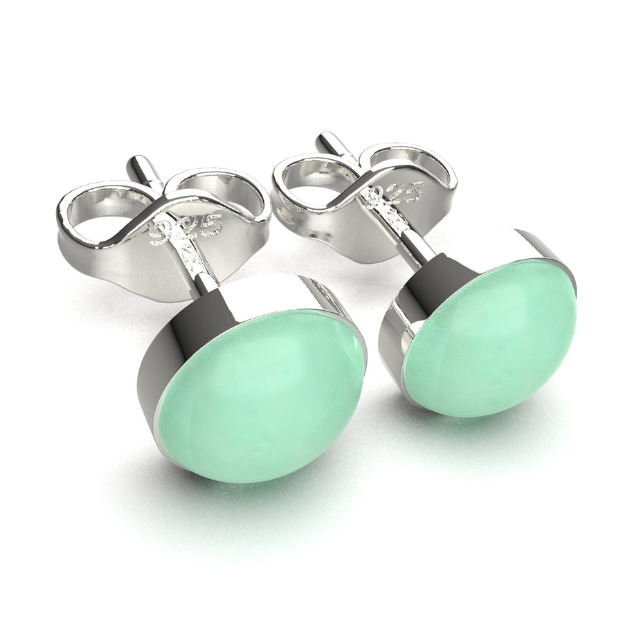 Lime Green Chrysoprase Gemstone Stud Earrings | Sterling Silver Round Circle Light Pastel Green Stone Post Earrings for Men & Women