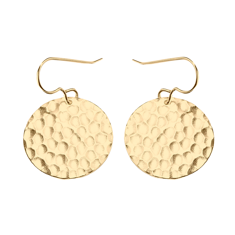 Sterling Silver Hammered Disc Drop Earrings – Gold Plated, No Stone, 925 Silver
