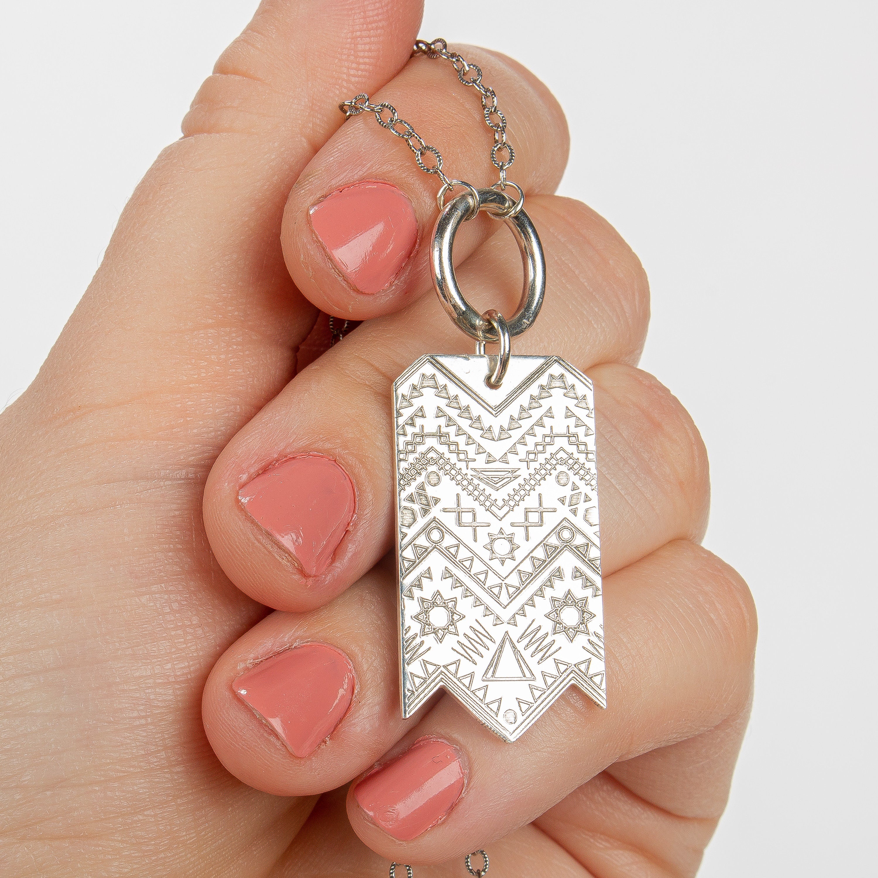 Signature MGJ Aztec Pattern Streamer Necklace In Sterling Silver | Long Southwestern Bohemian Boho Tribal Pendant | Sweater Necklace