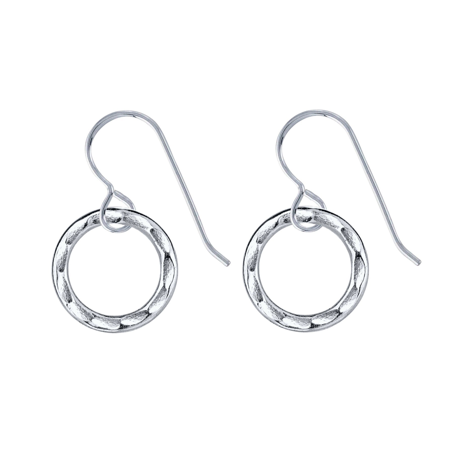Small Sterling Silver Hammered Open Circle Dangle Drop Earrings | Minimalist Jewelry for Women & Girls | Tiny Geometric Round Halo Earrings