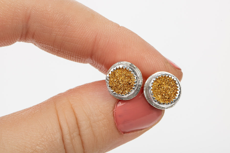 No. 1 Gold Druzy Quartz Earrings With Threaded Screw On Posts | The River Valley Collection | Small Sterling Silver Crystal Stud Posts
