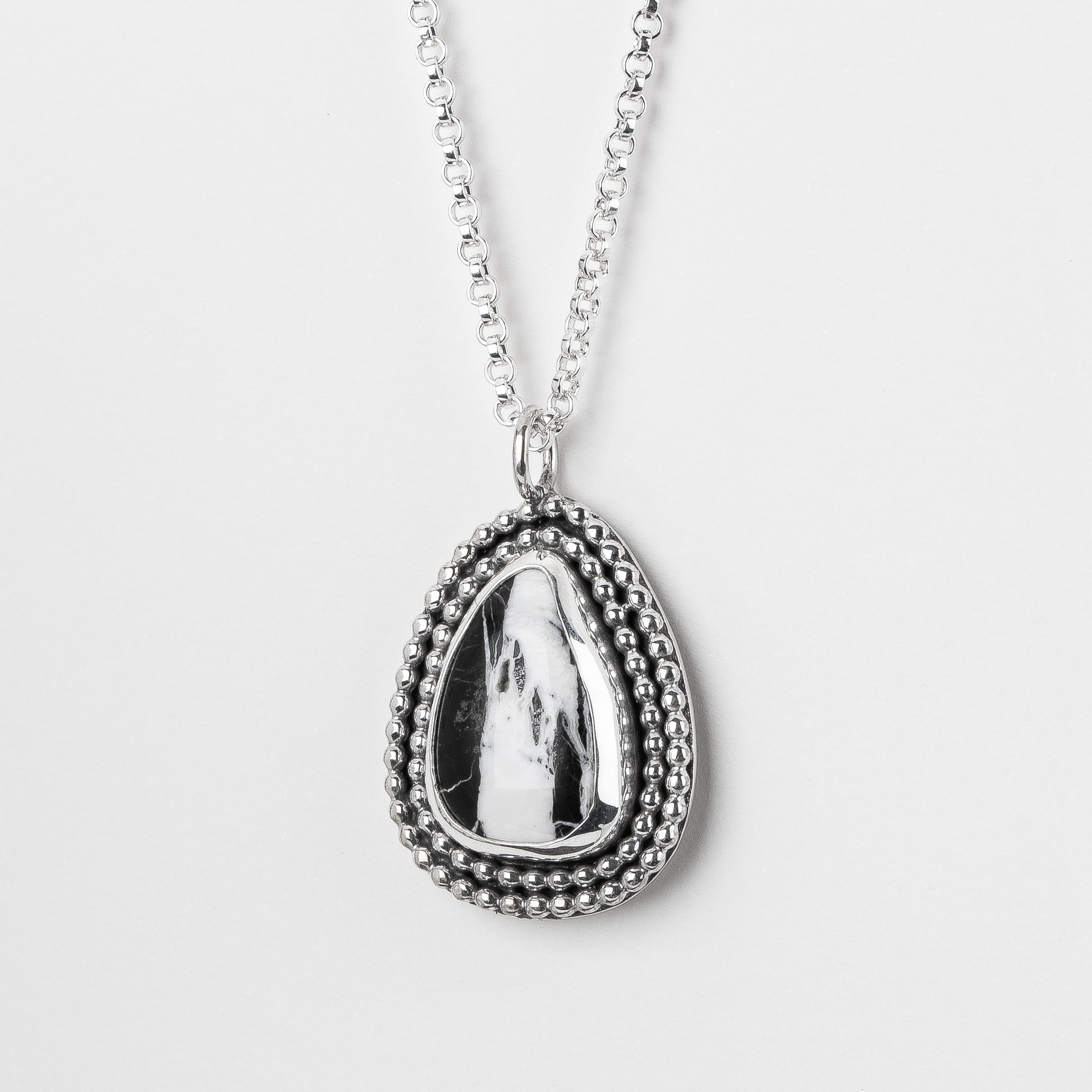 White Buffalo Turquoise Necklace In Sterling Silver | Huge Big Black And White Teardrop Boho Bohemian Pendant With Double Beaded Border
