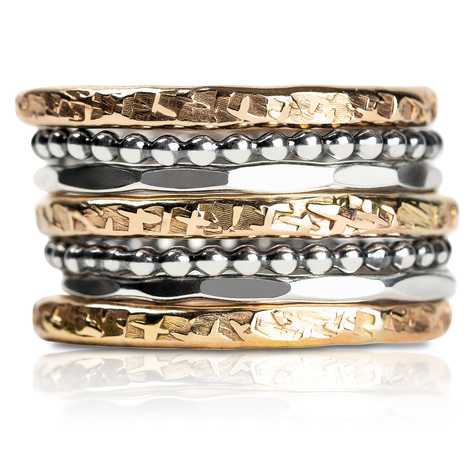 The Demi Stack | Set of 7 Mixed Metal Stackable Rings in Gold and Silver | Bold Statement Ring Bands | USA Sizes 4-12