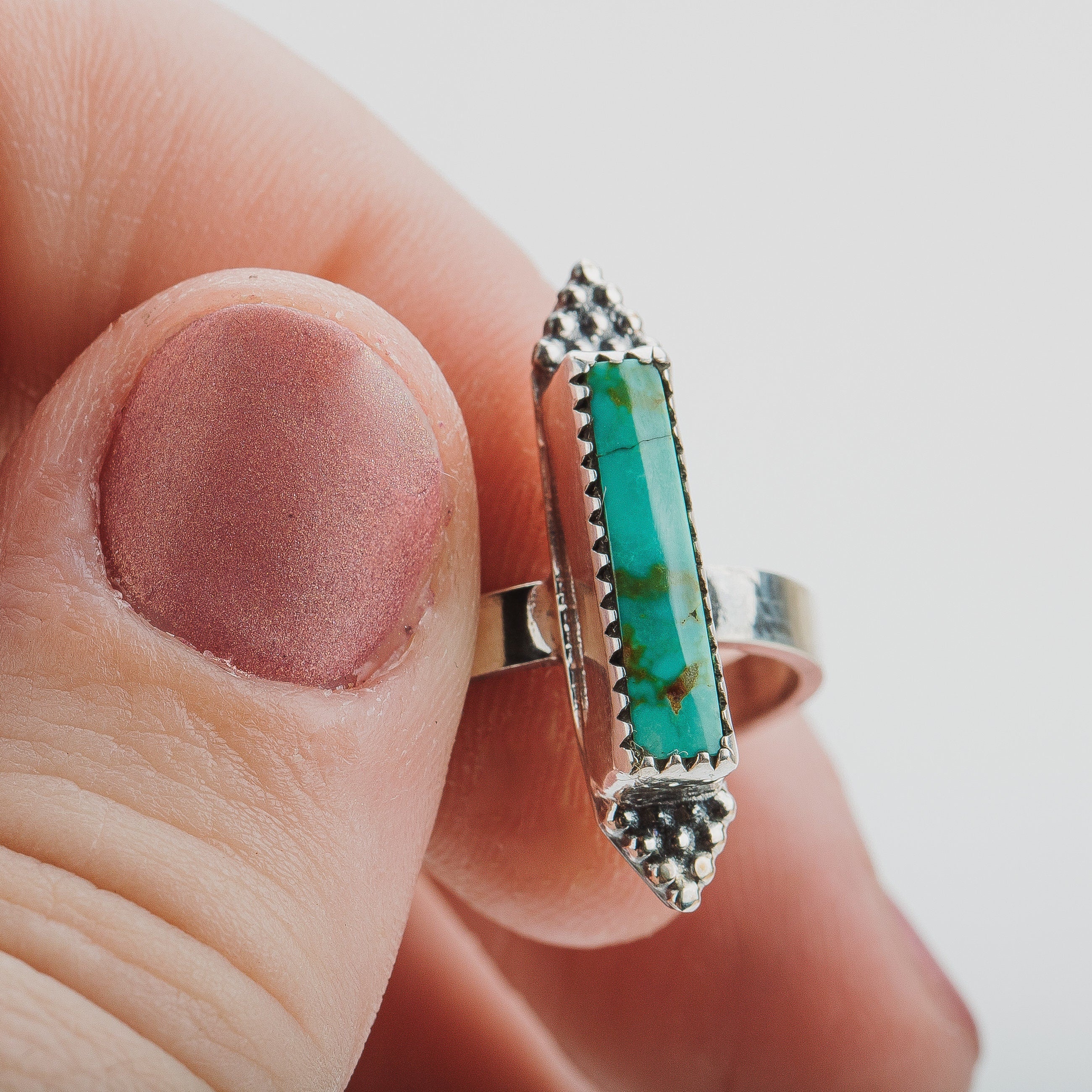 Size 6.75 Long Rectangle Aqua Blue Royston Turquoise Gemstone Ring In Sterling Silver | Beaded Boho Bohemian Teal Blue Statement Ring