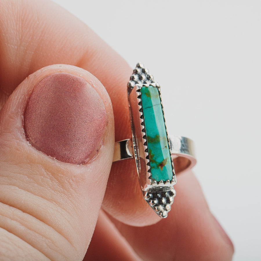Size 6.75 Long Rectangle Aqua Blue Royston Turquoise Gemstone Ring In Sterling Silver | Beaded Boho Bohemian Teal Blue Statement Ring