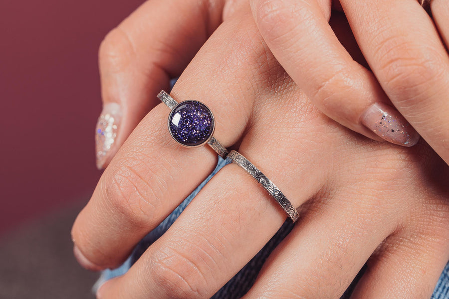 Night Sky Constellation Solitaire Ring with Paisley Pattern Band in Sterling Silver with Blue Goldstone | Star Galaxy Space Jewelry | Comfort Fit USA Sizes 4-12