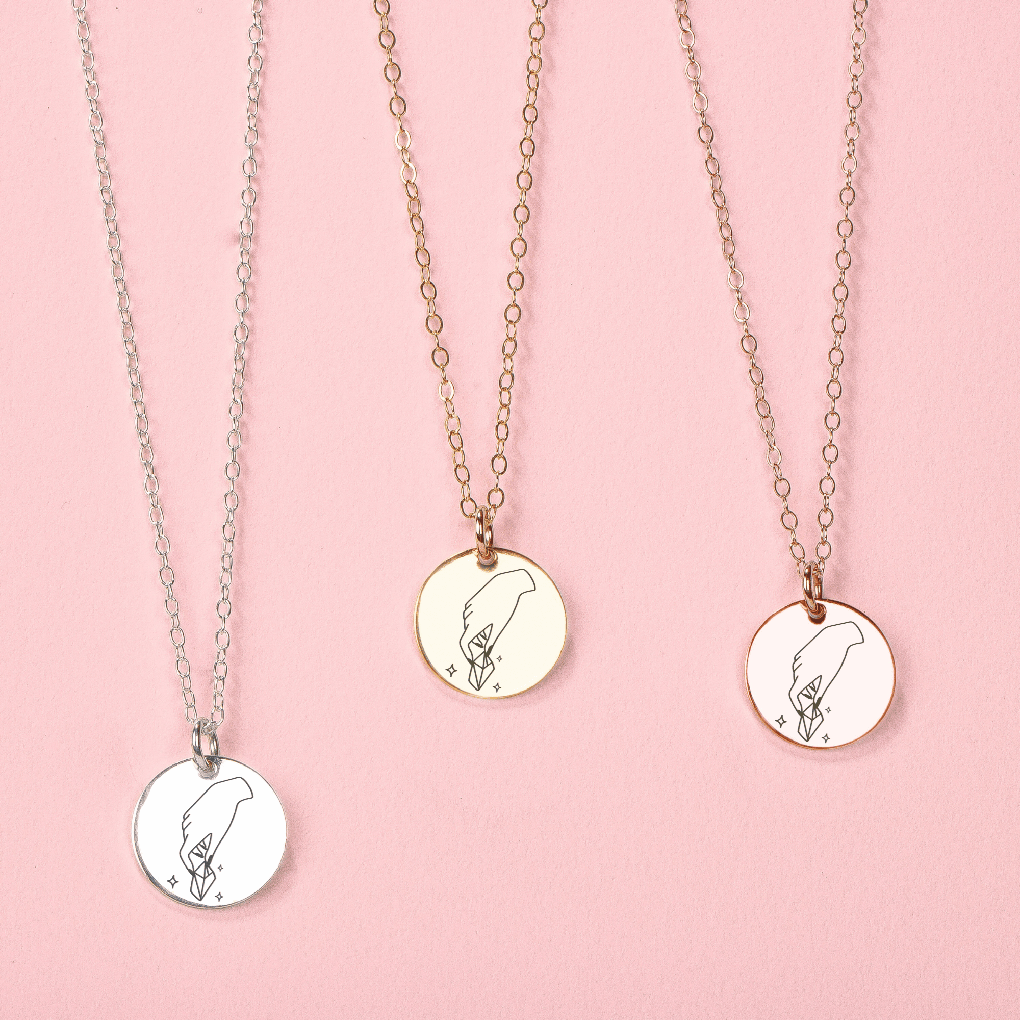 Keep Calm and Hold A Crystal Necklace - Melanie Golden Jewelry - disc necklaces, Engraved Jewelry, minimal minimal necklace, minimal necklace, mystic, necklace, necklaces, symbolic