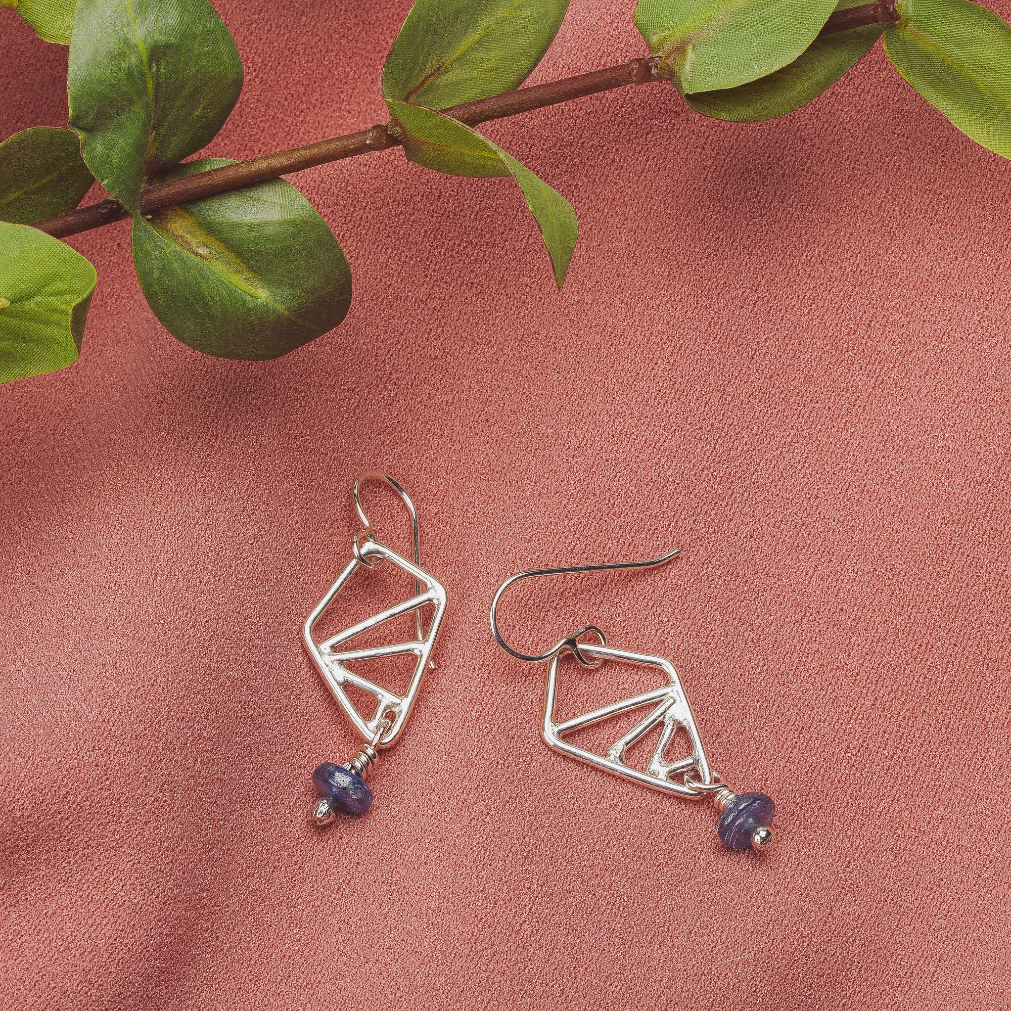 Sterling Silver Geometric Drop Earrings With Blue Kyanite Gemstones | Small Triangular Diamond Dark Blue Minimal Geo Dangle Drop Earrings