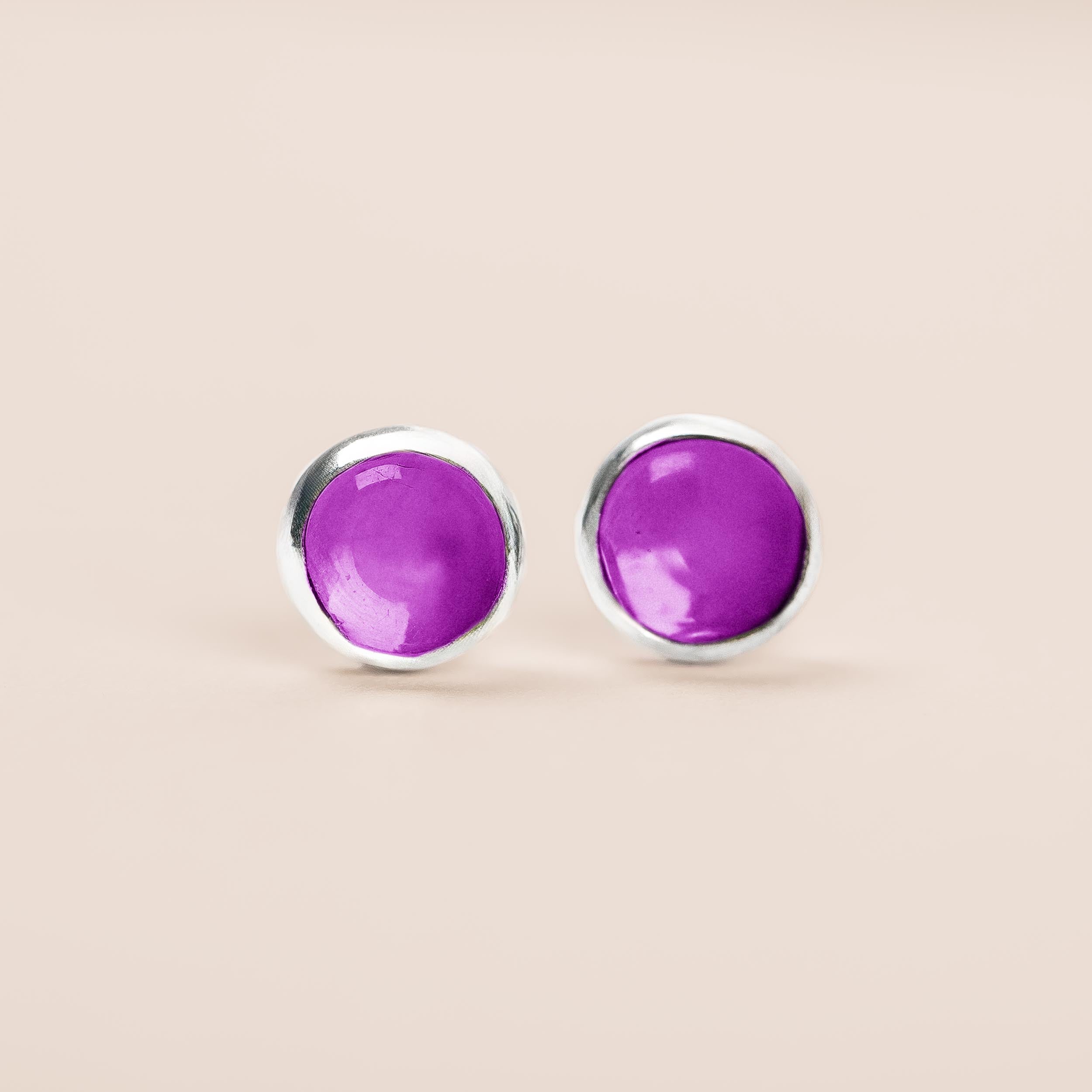 Amethyst Gemstone Stud Earrings | Sterling Silver Round Circle Purple Stone Post Earrings | February Birthstone