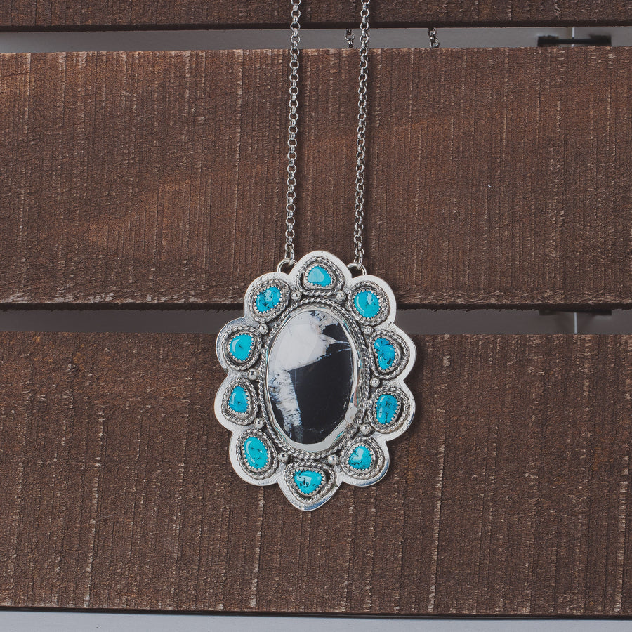 White Buffalo & Sleeping Beauty Turquoise Cluster Necklace In Sterling Silver | Huge Big Black White Aqua Blue Floral Boho Bohemian Pendant