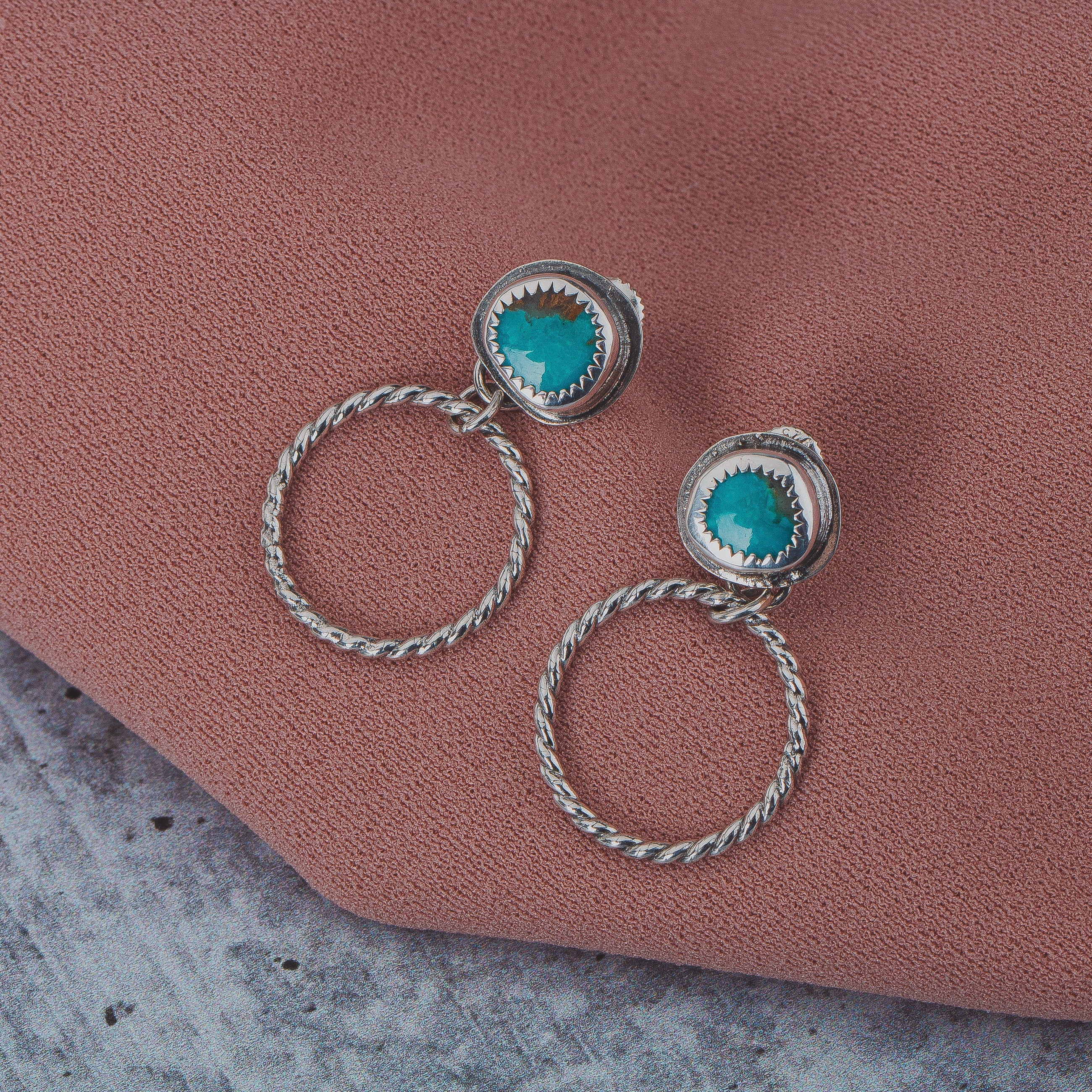 Lilah Earrings | Blue Kingman Turquoise Earrings With Twisted Rope Hoops & Threaded Screw On Posts | Big 925 Sterling Silver Boho Stud Post