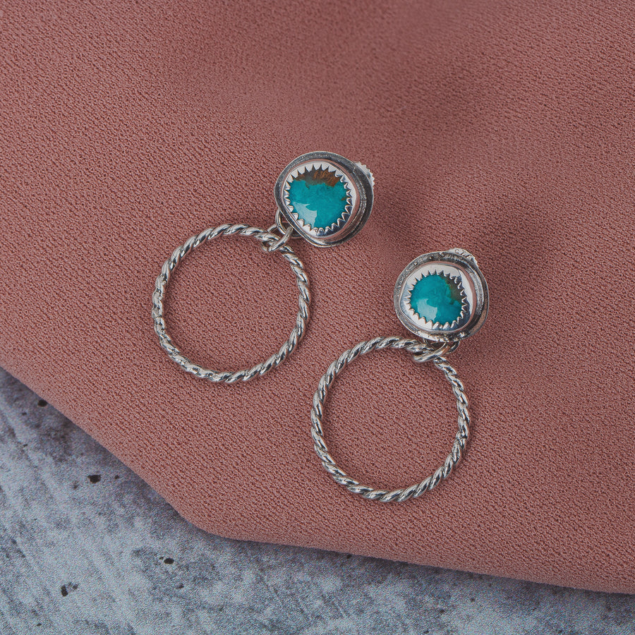 Lilah Earrings | Blue Kingman Turquoise Earrings With Twisted Rope Hoops & Threaded Screw On Posts | Big 925 Sterling Silver Boho Stud Post
