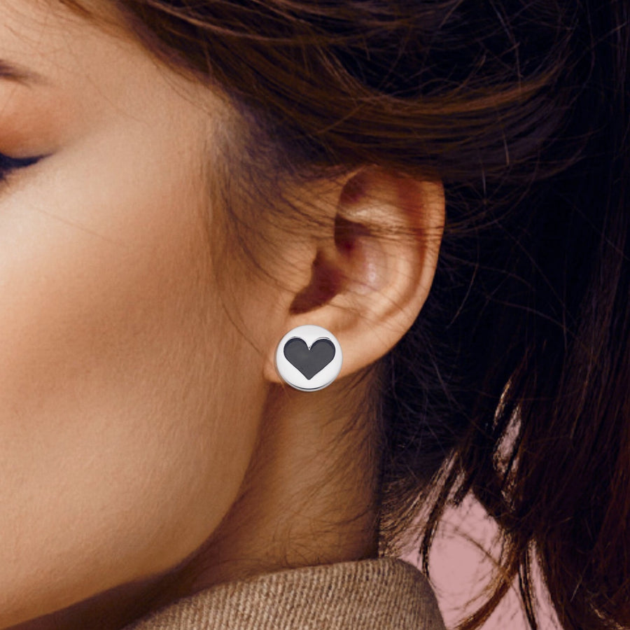Heart Stud Earrings | Big Black & Silver Big Sterling Silver Heart Circle Disc Post Earrings For Women And Girls | Valentines Day Jewelry