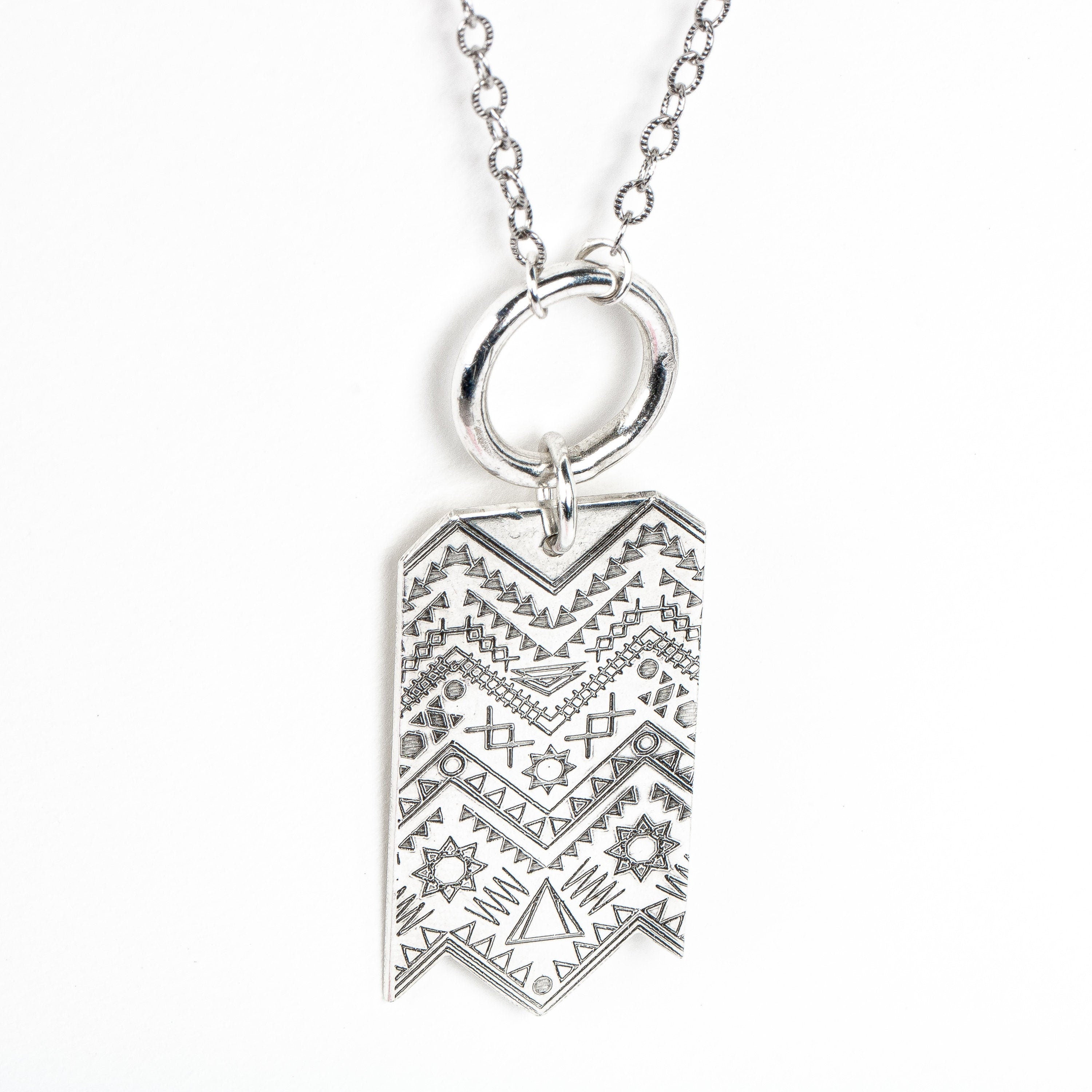 Signature MGJ Aztec Pattern Streamer Necklace In Sterling Silver | Long Southwestern Bohemian Boho Tribal Pendant | Sweater Necklace